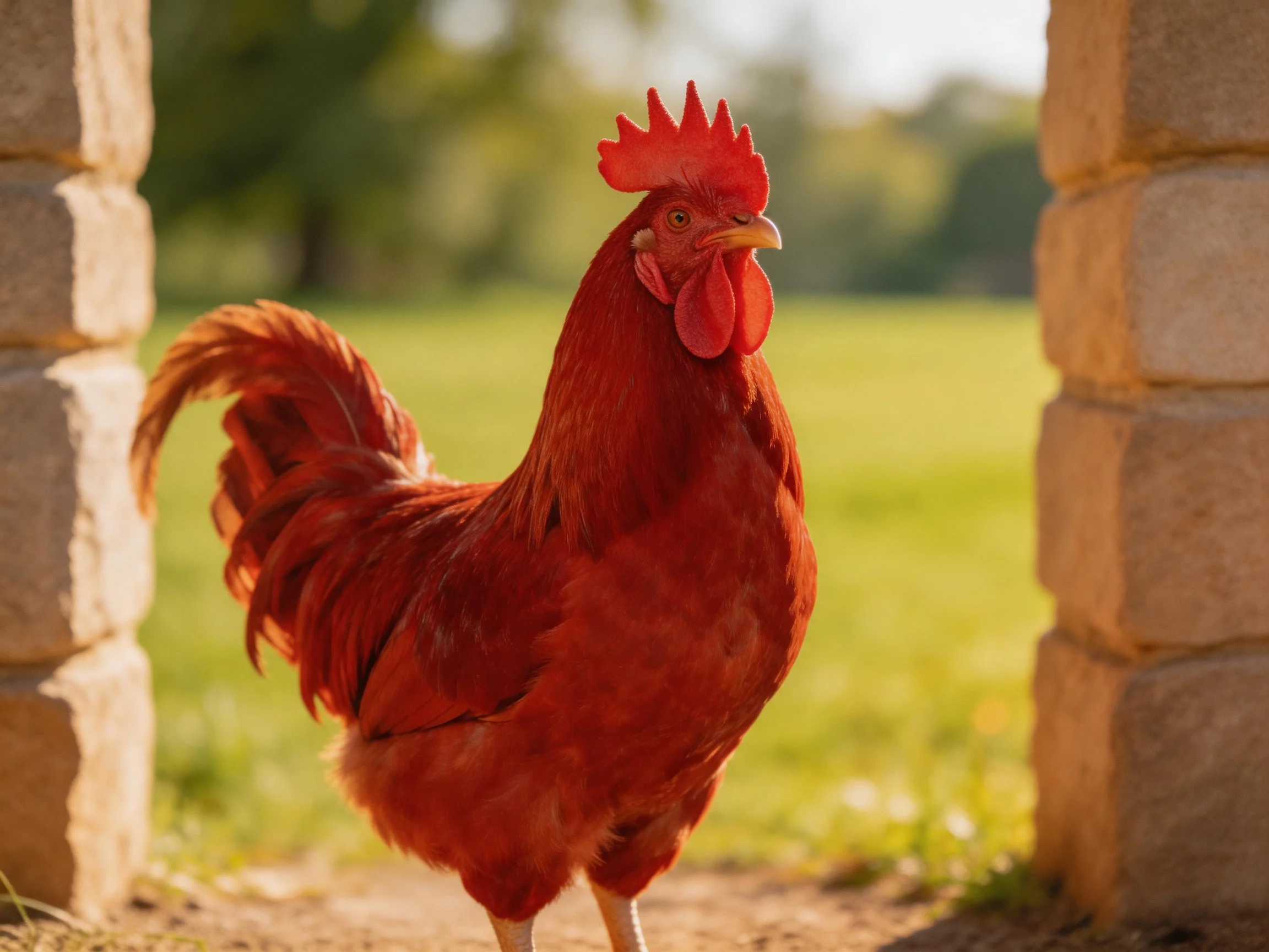 A vibrant red rooster stands between stone pillars in a sunlit field