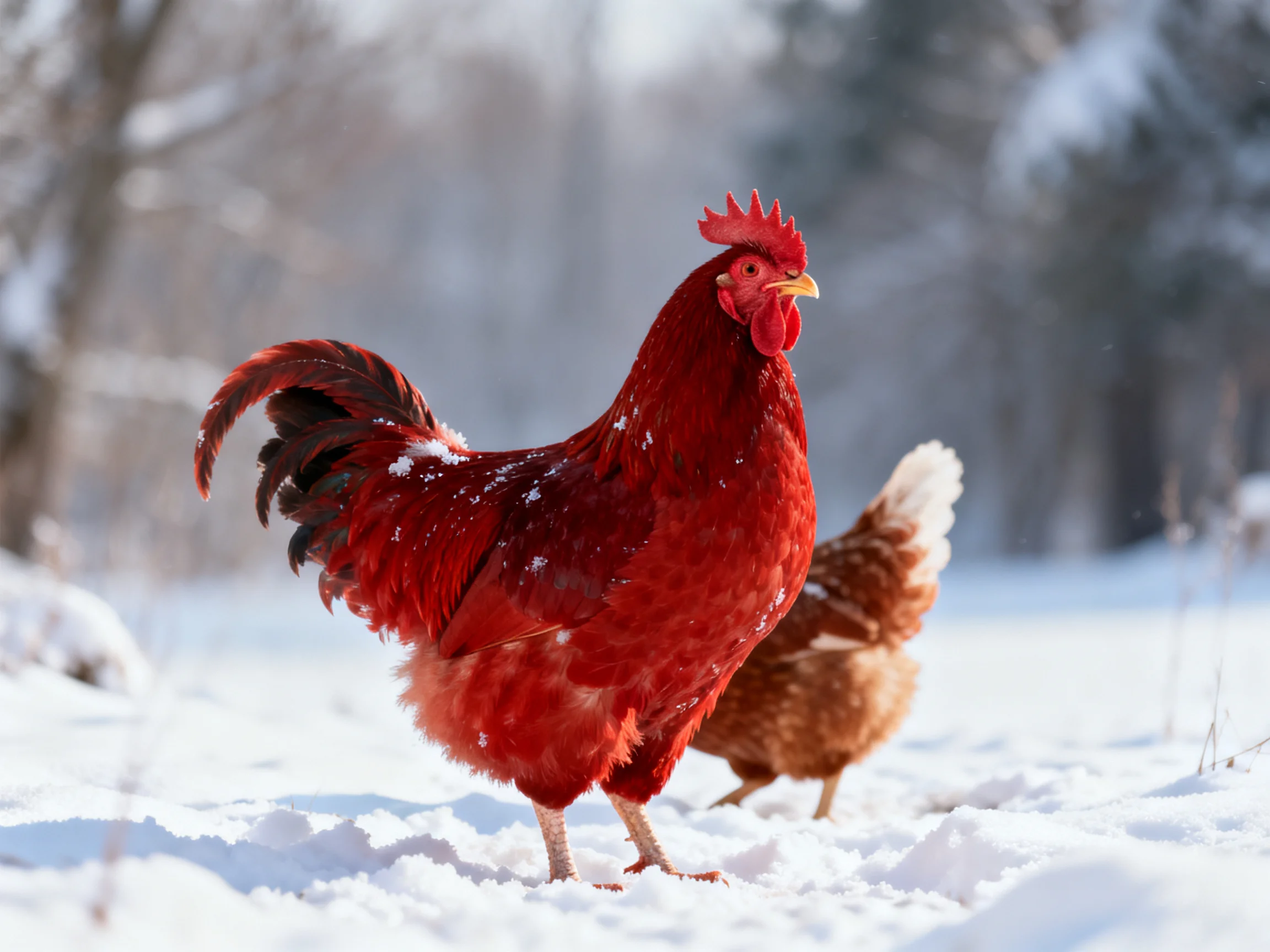 A vibrant red rooster stands in snowy terrain with a brown hen nearby