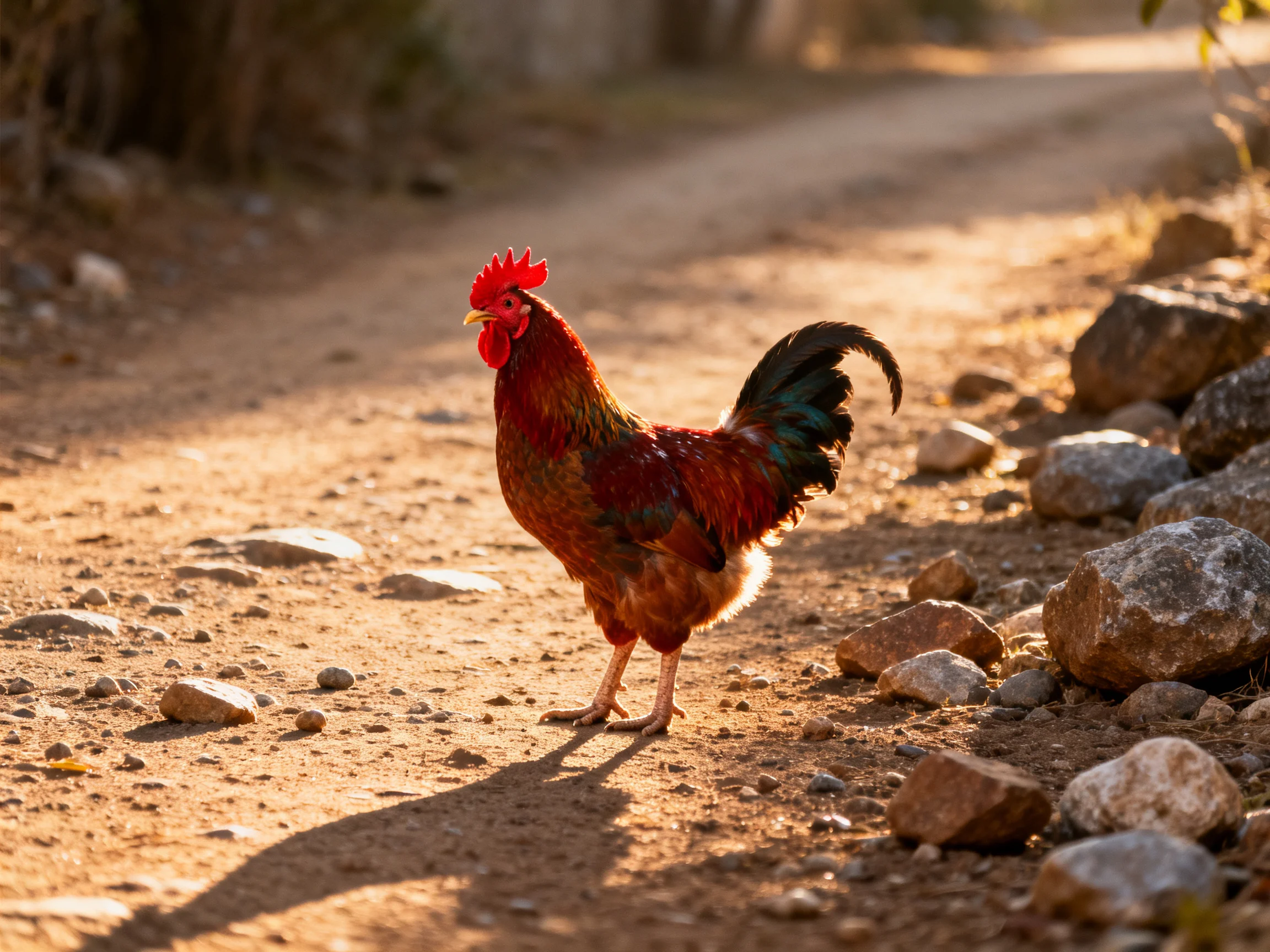 A vibrant red rooster stands on a rocky dirt path under warm sunlight