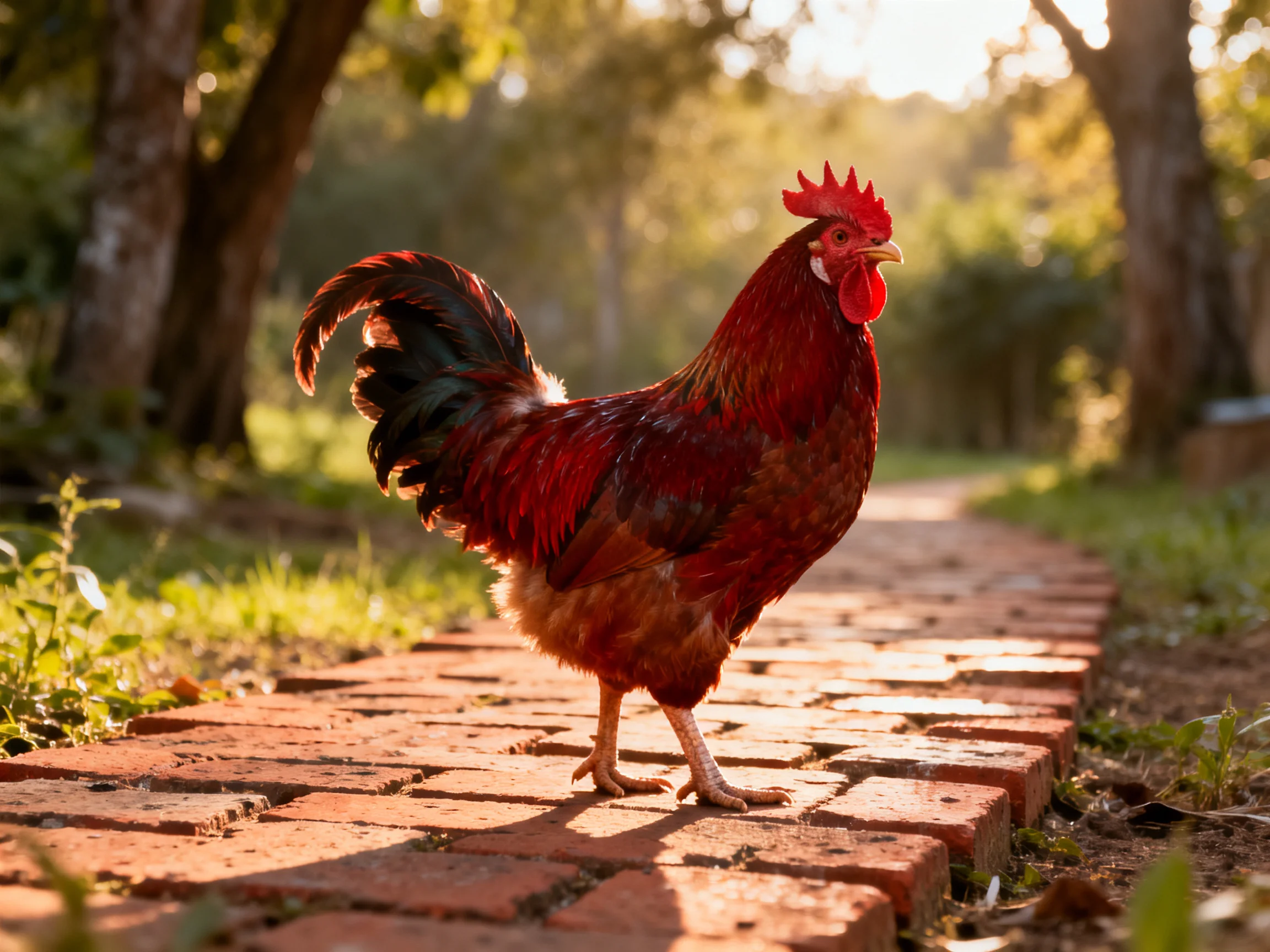 A vibrant red rooster stands on a sunlit brick path amid trees