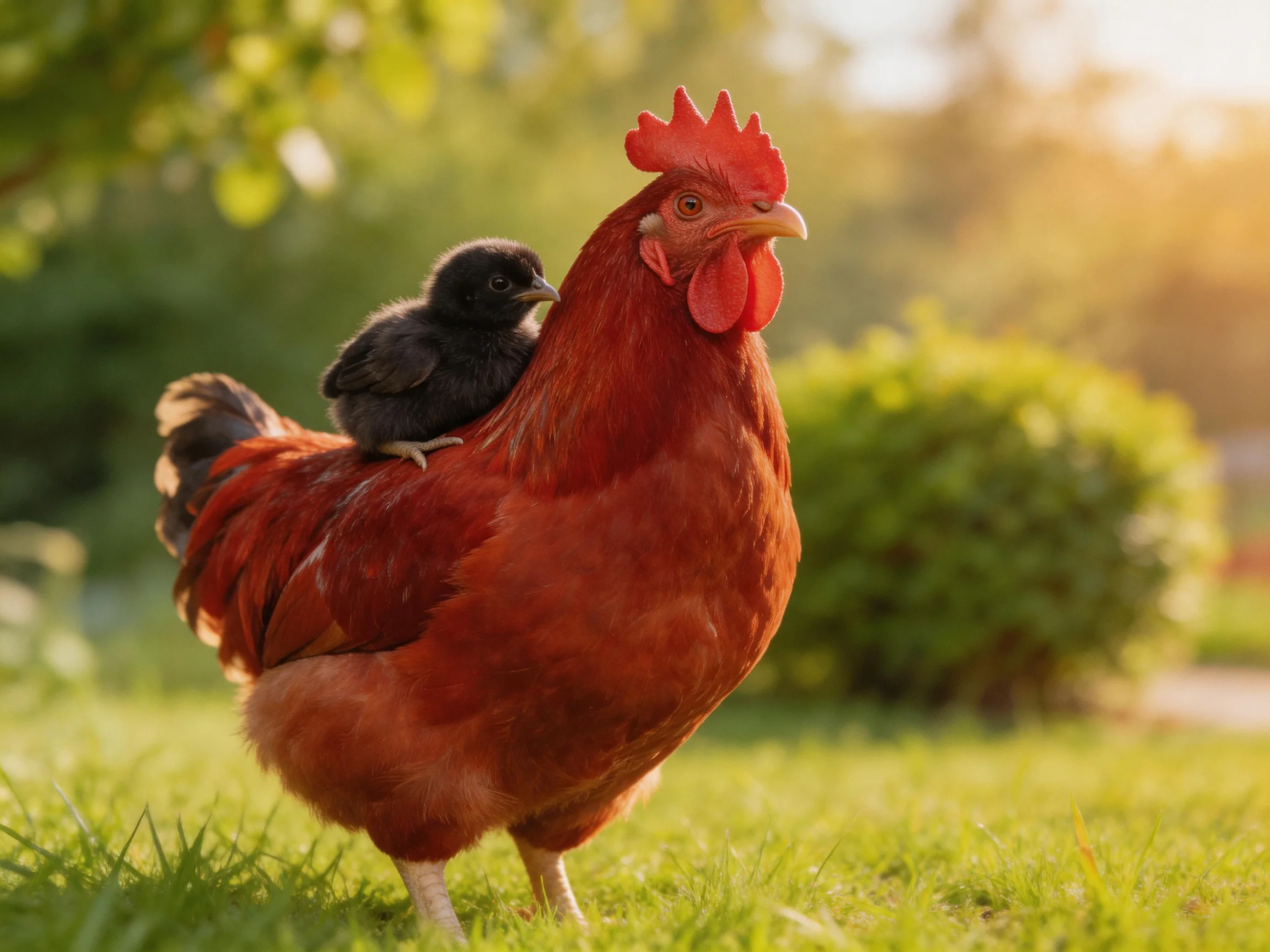 A red rooster carries a small black chick on its back while walking through grass in an outdoor setting