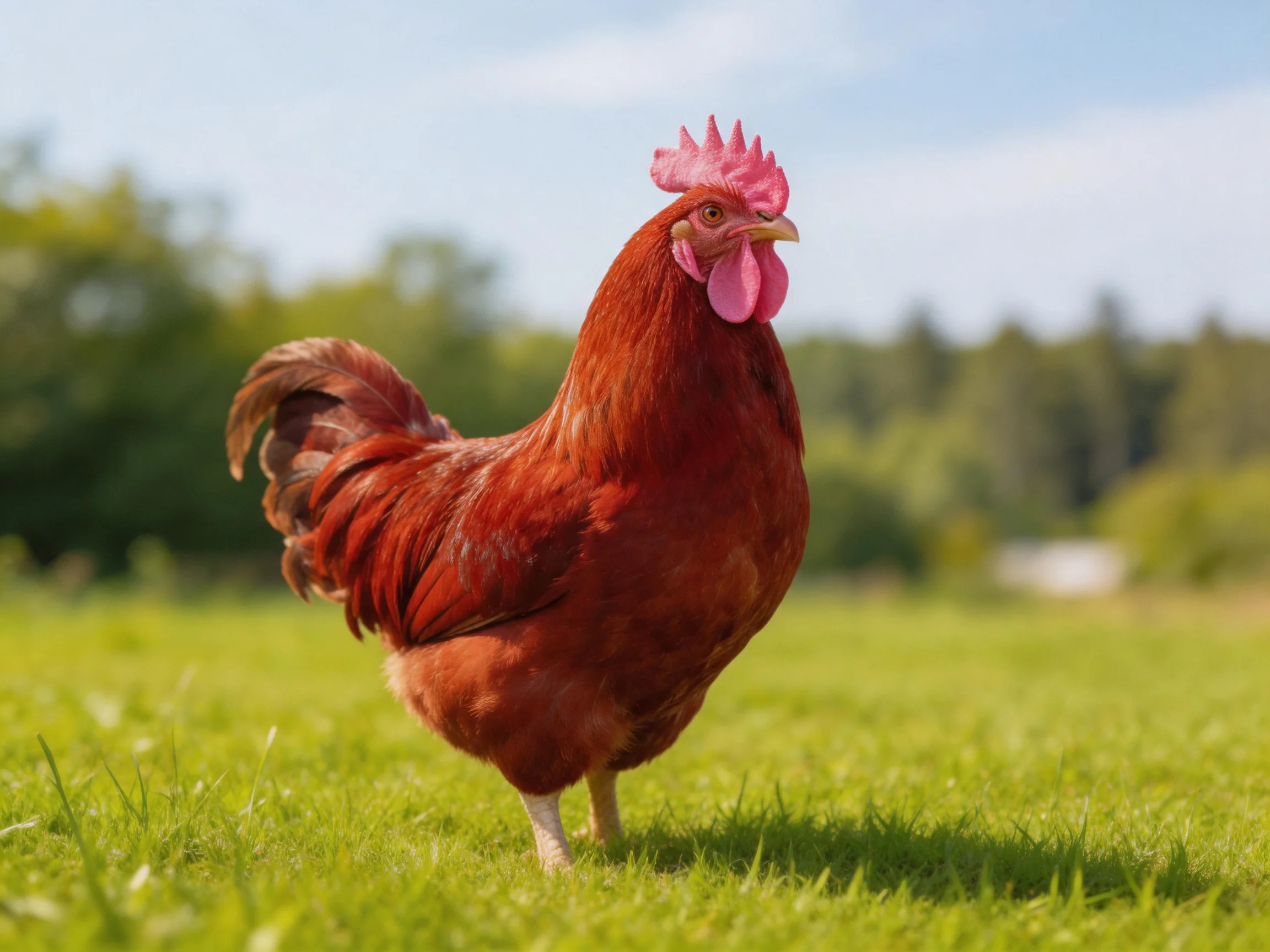 A vibrant red rooster stands on lush green grass in an open field
