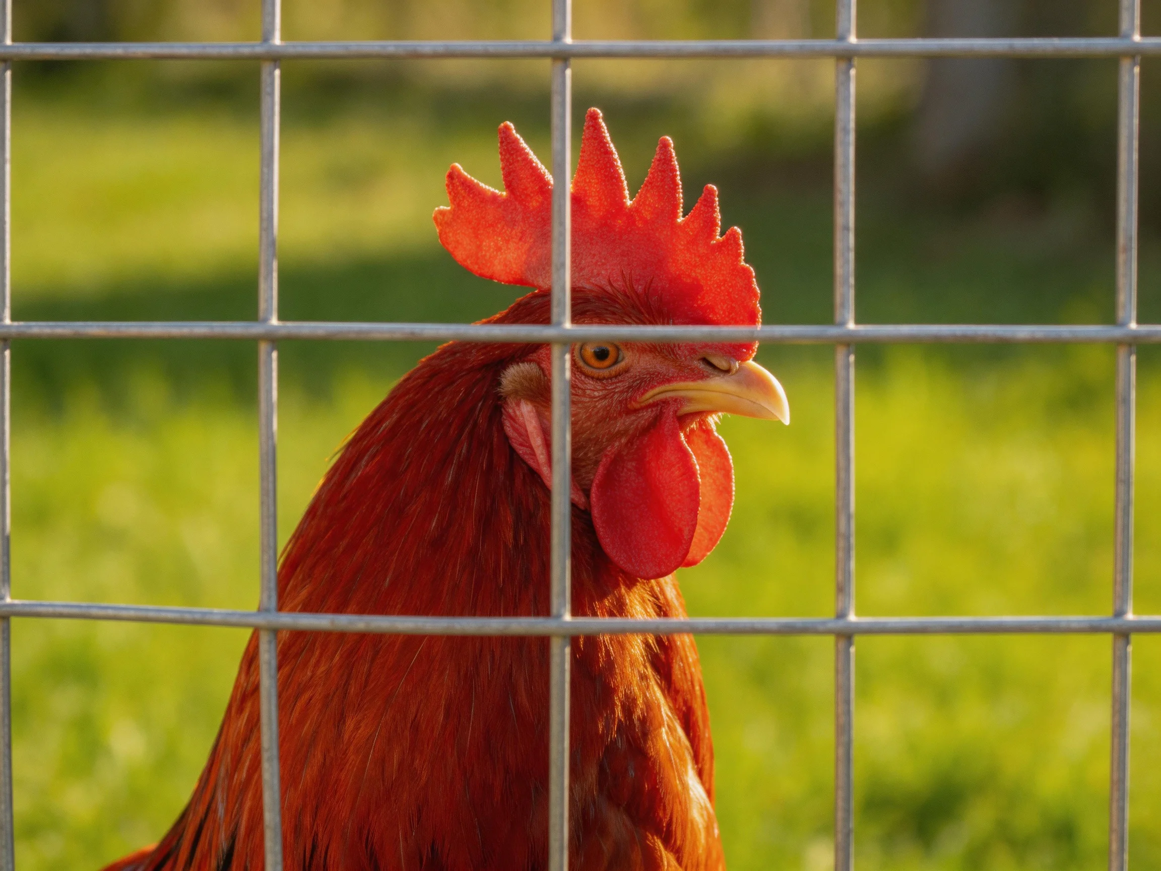 A vibrant red rooster viewed through a metal grid fence