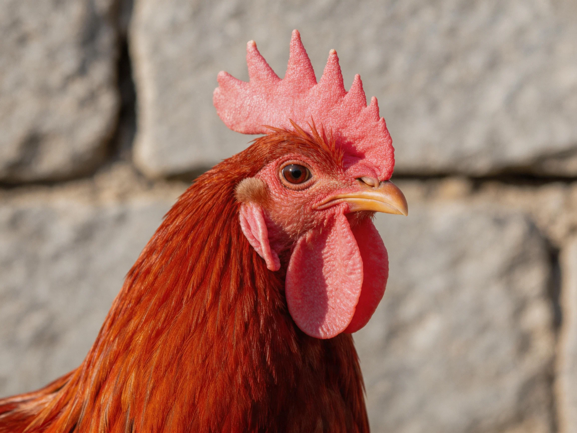 A vibrant red rooster with pink comb and wattle beside a gray stone wall