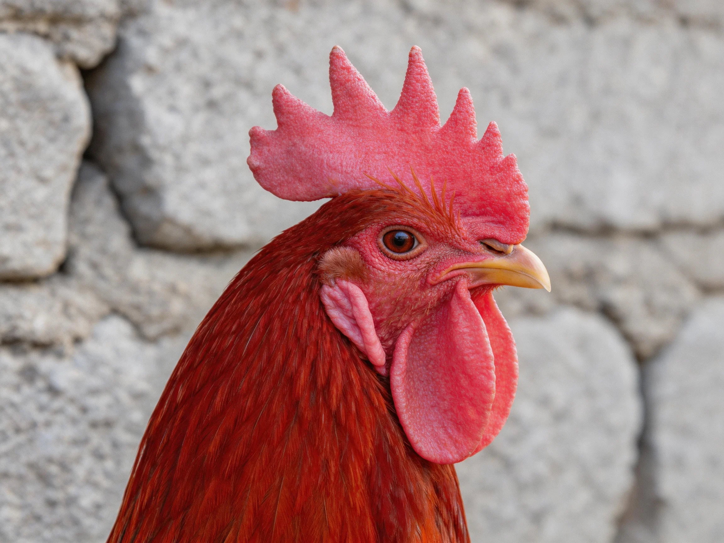 A vibrant red rooster with pink comb and wattles near a stone wall