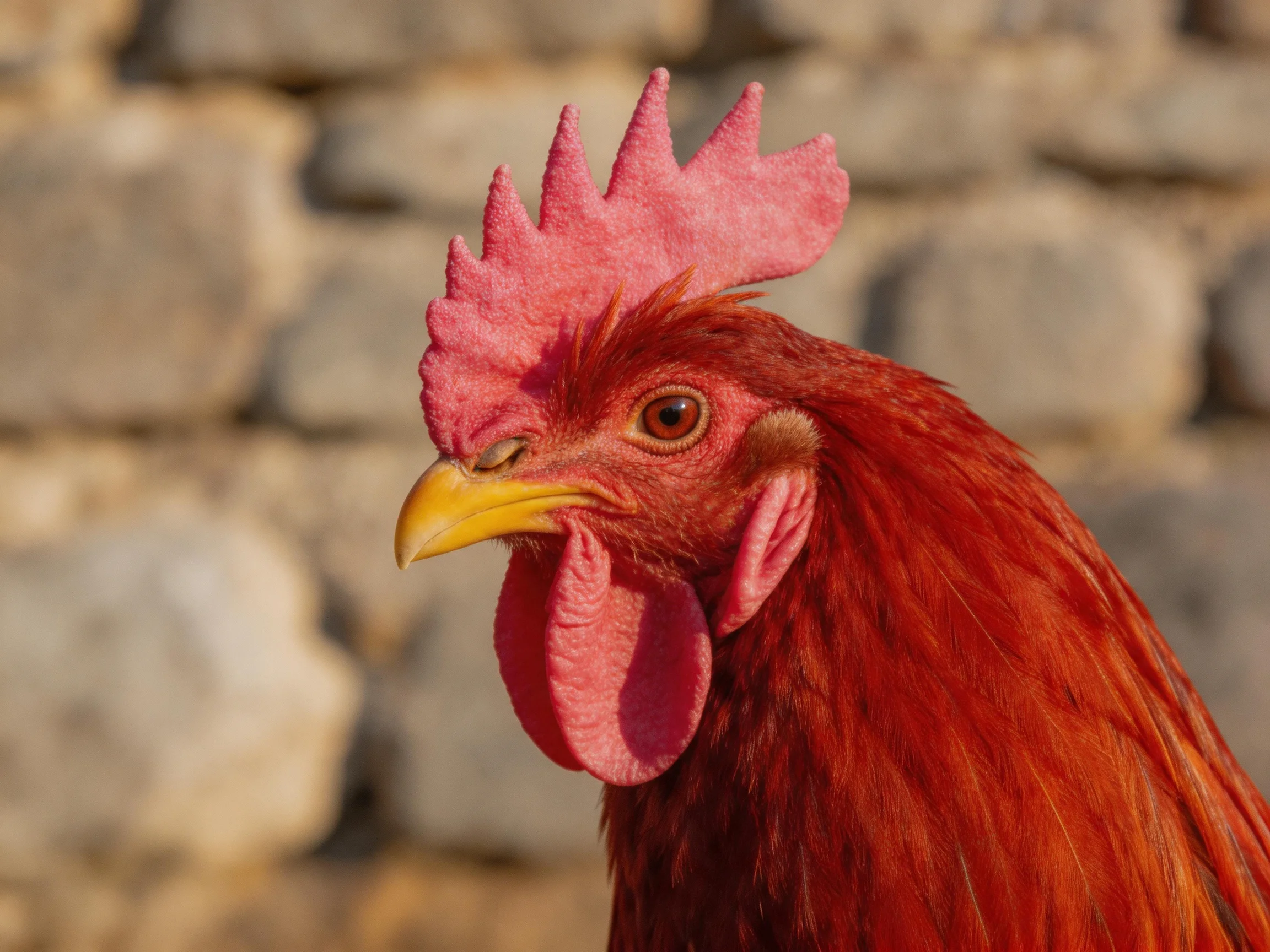 A vibrant red rooster with pink comb near stone wall