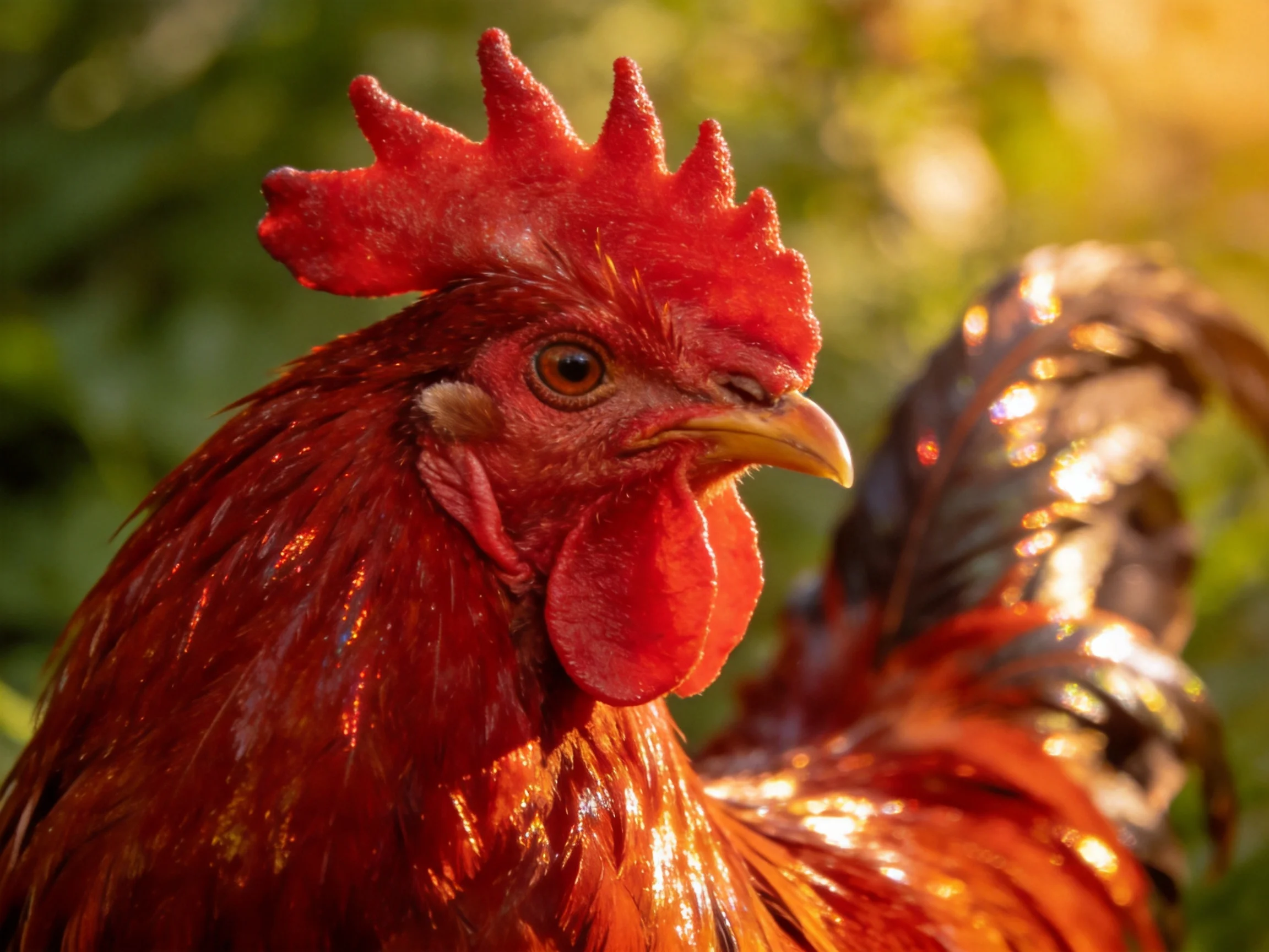 A vibrant red rooster with prominent comb and glossy feathers