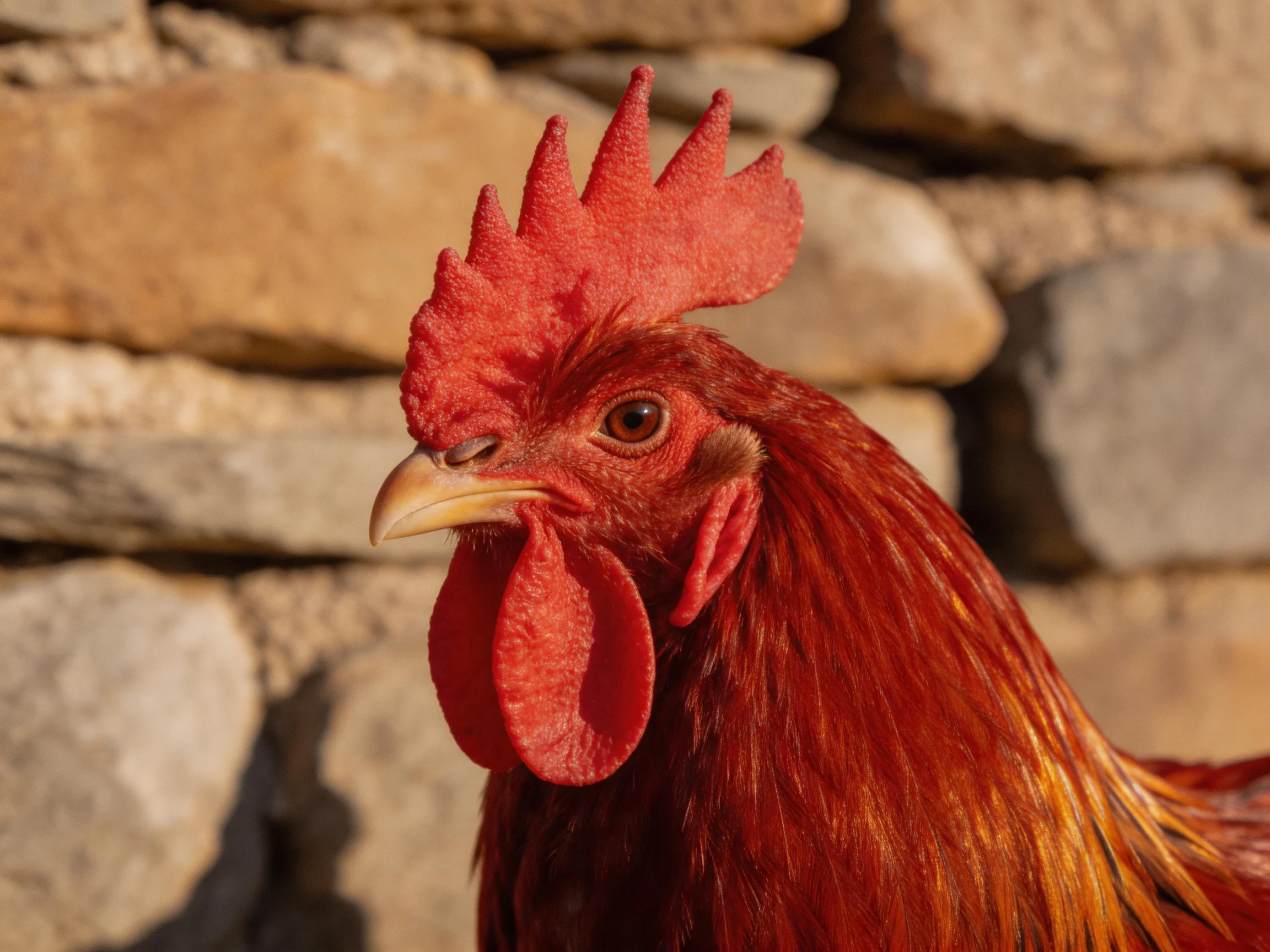 A vibrant red rooster with prominent comb near a stone wall