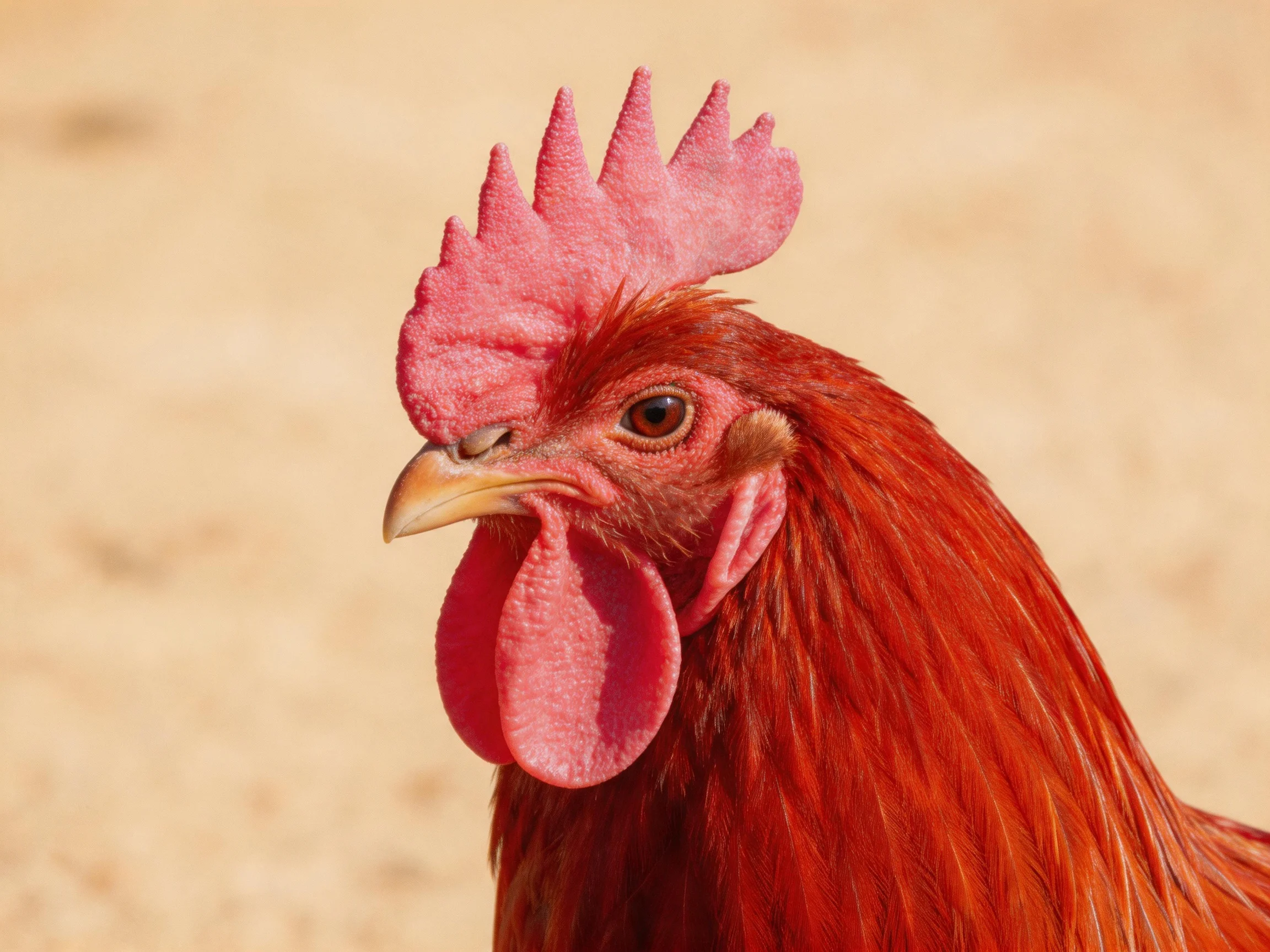 A vibrant red rooster with prominent pink comb and wattles