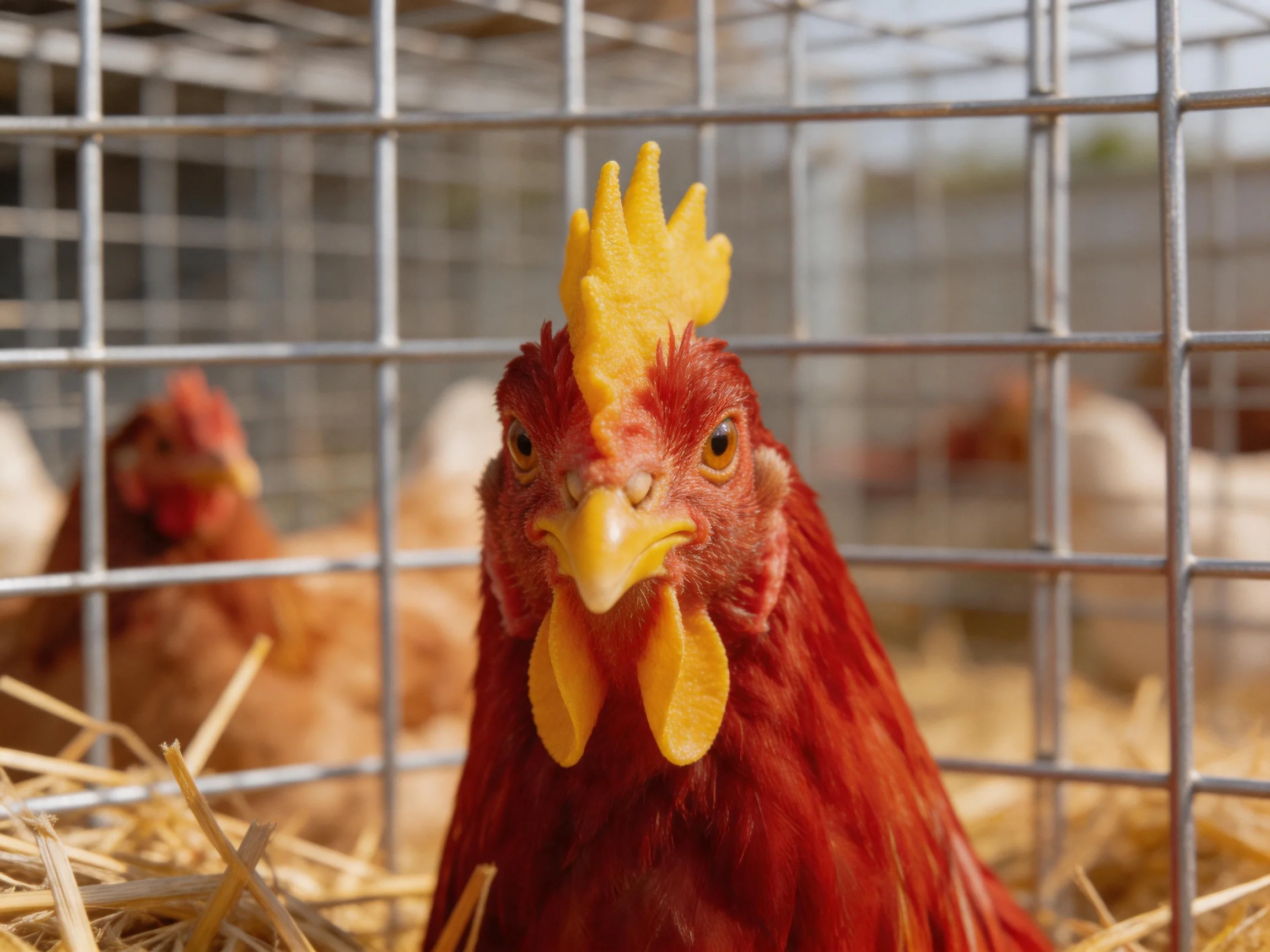 A vibrant red rooster with yellow comb in a metal wire cage