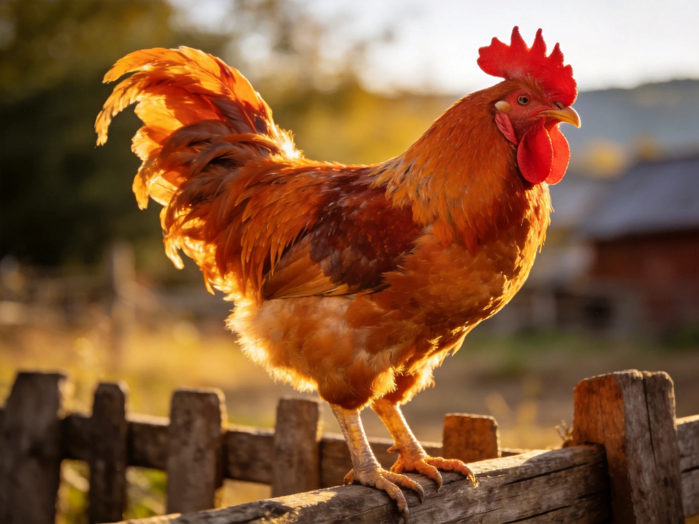 A vibrant reddish-brown rooster perched on a wooden fence