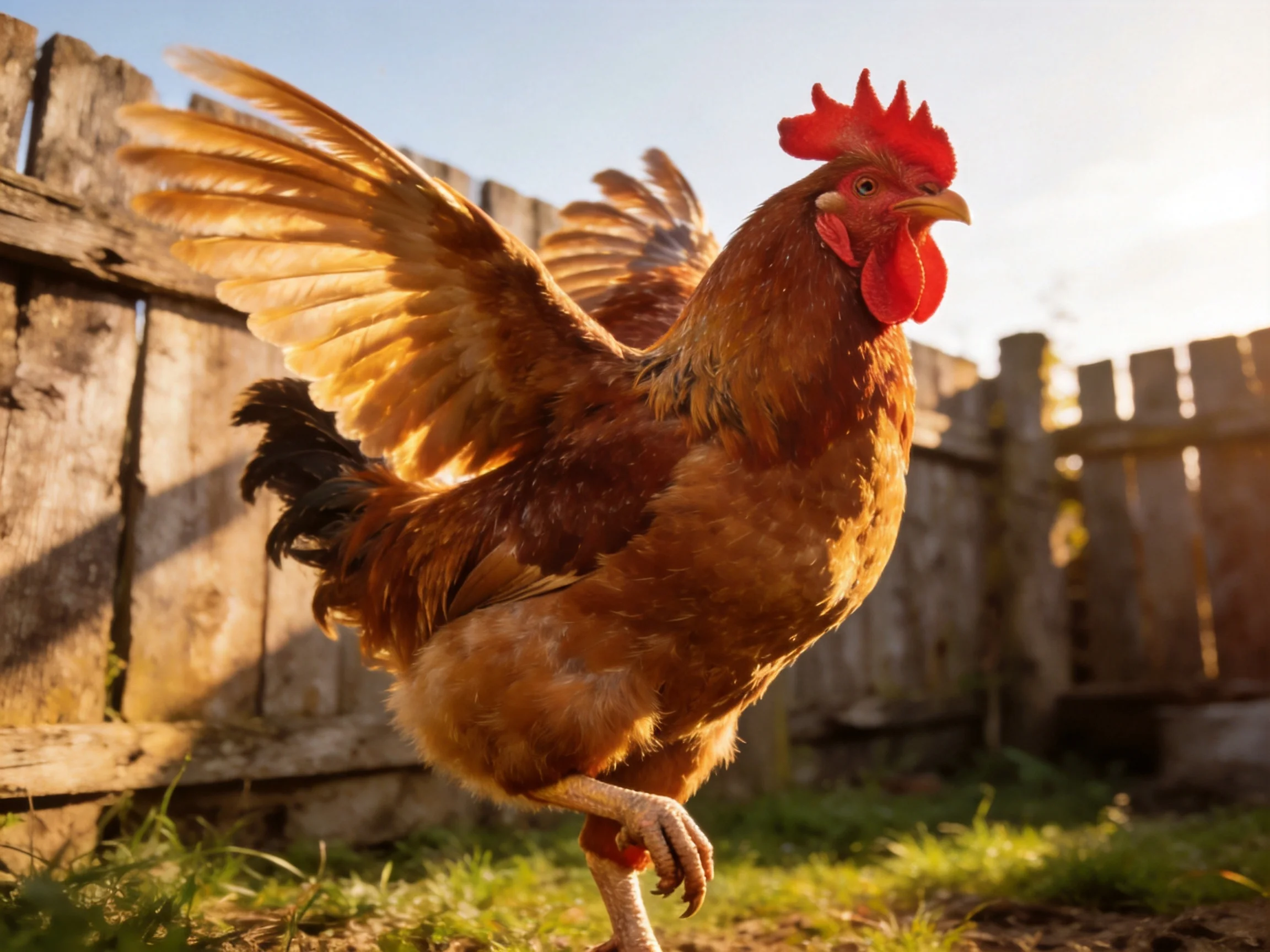 A vibrant reddish-brown rooster spreads wings near weathered wooden fences