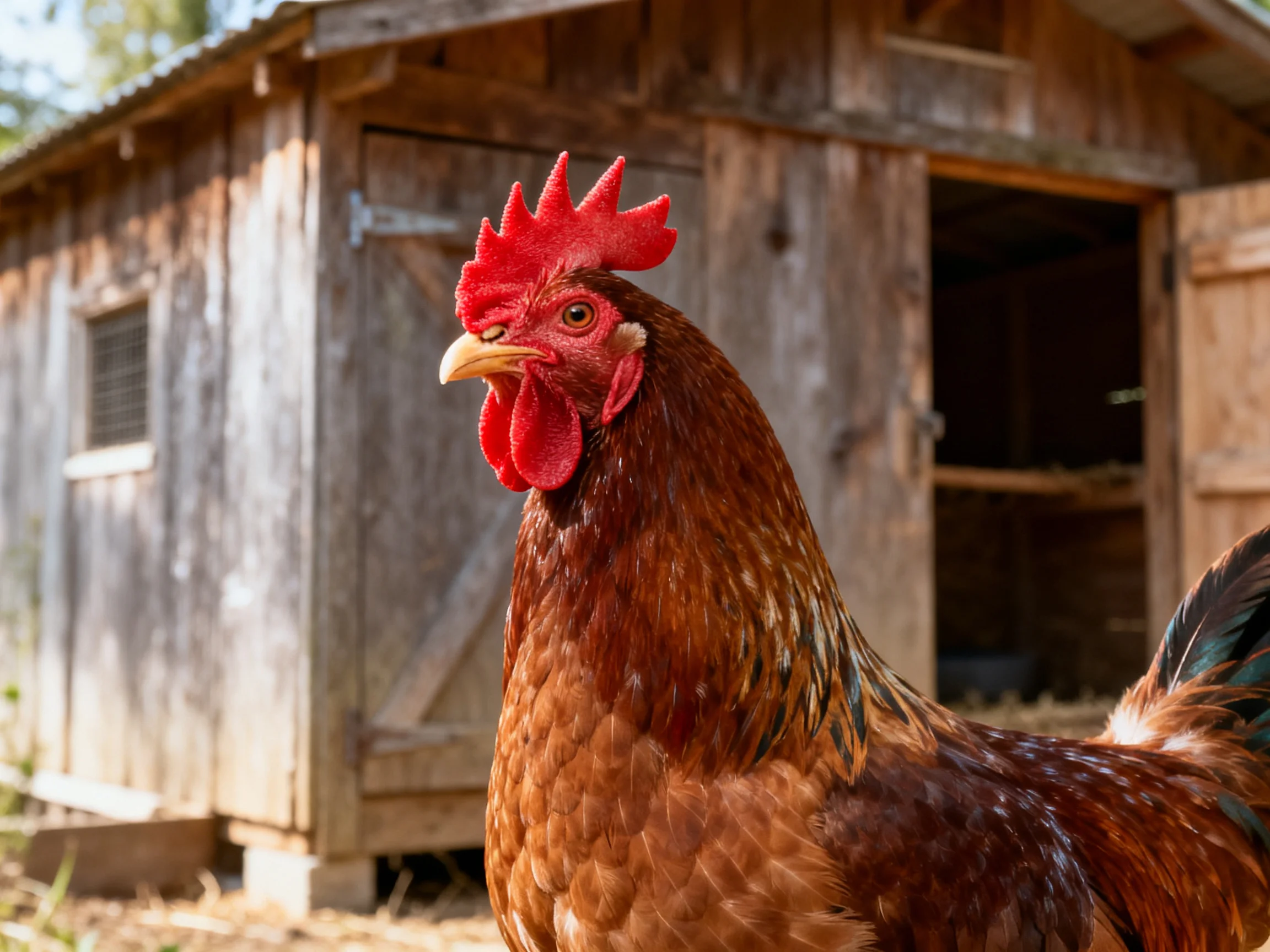 A reddish-brown rooster stands near an aged wooden chicken coop.