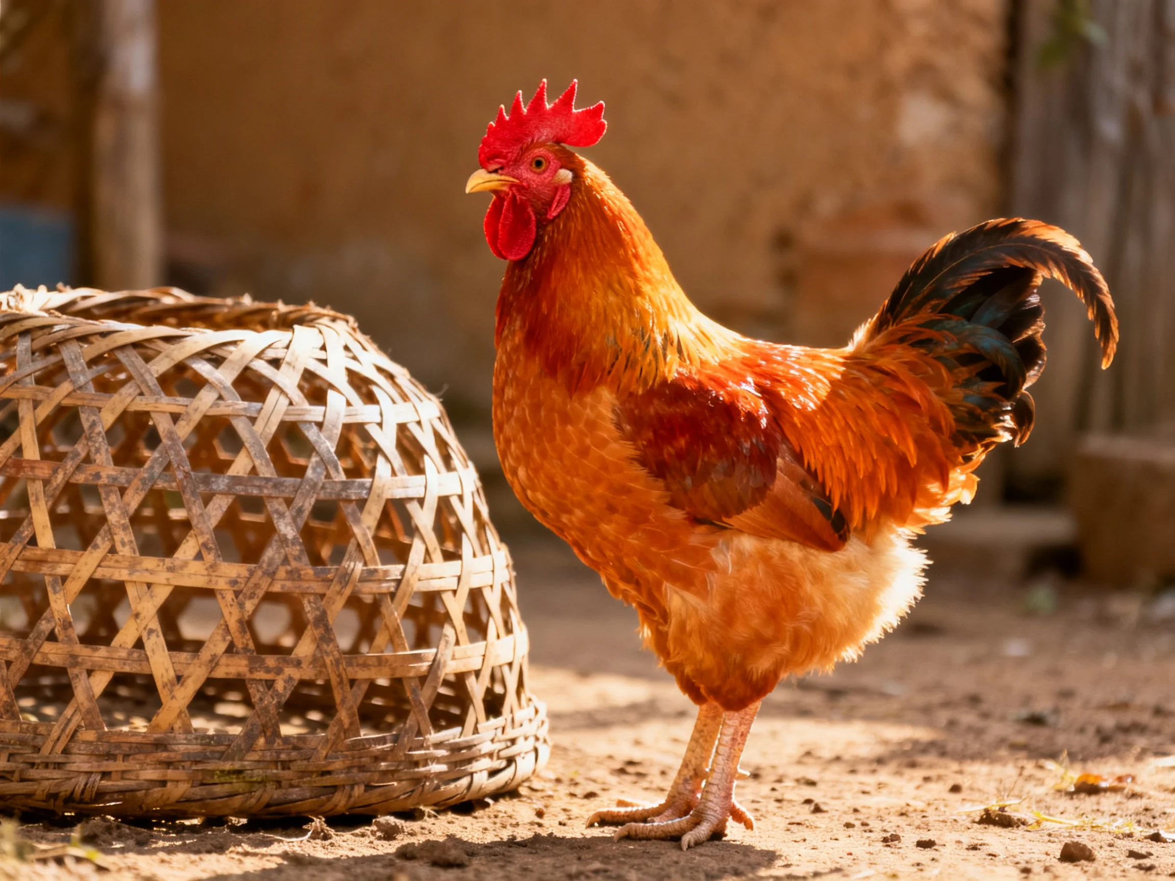 A reddish-brown rooster stands near an open wicker basket in an outdoor area.