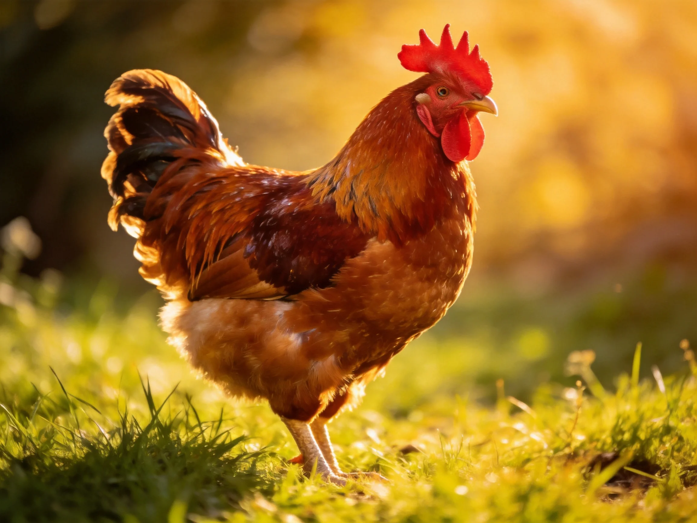 A reddish-brown rooster stands on sunlit grass in a sun-drenched outdoor environment.