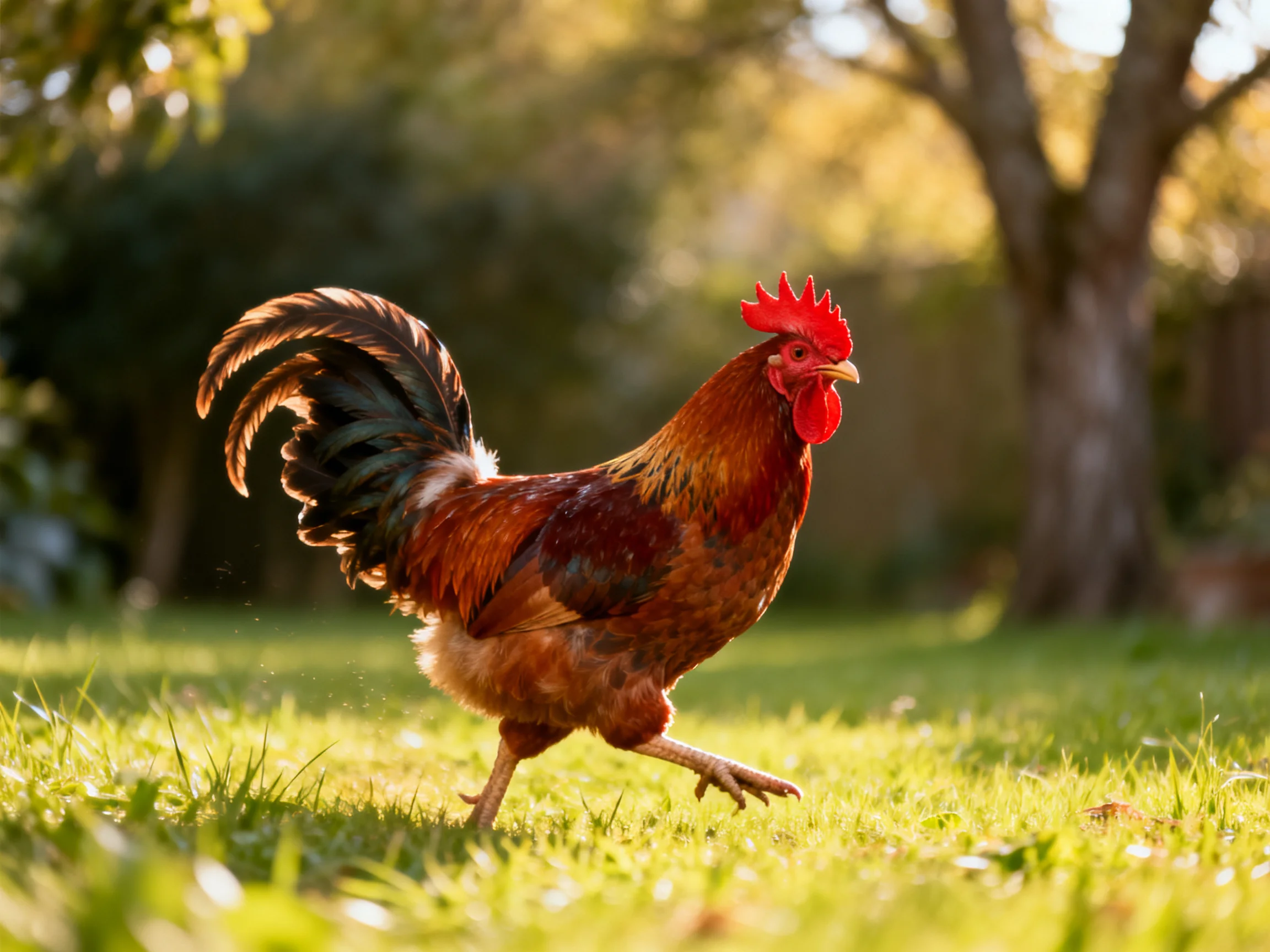 A vibrant reddish-brown rooster strides across a sunlit green lawn