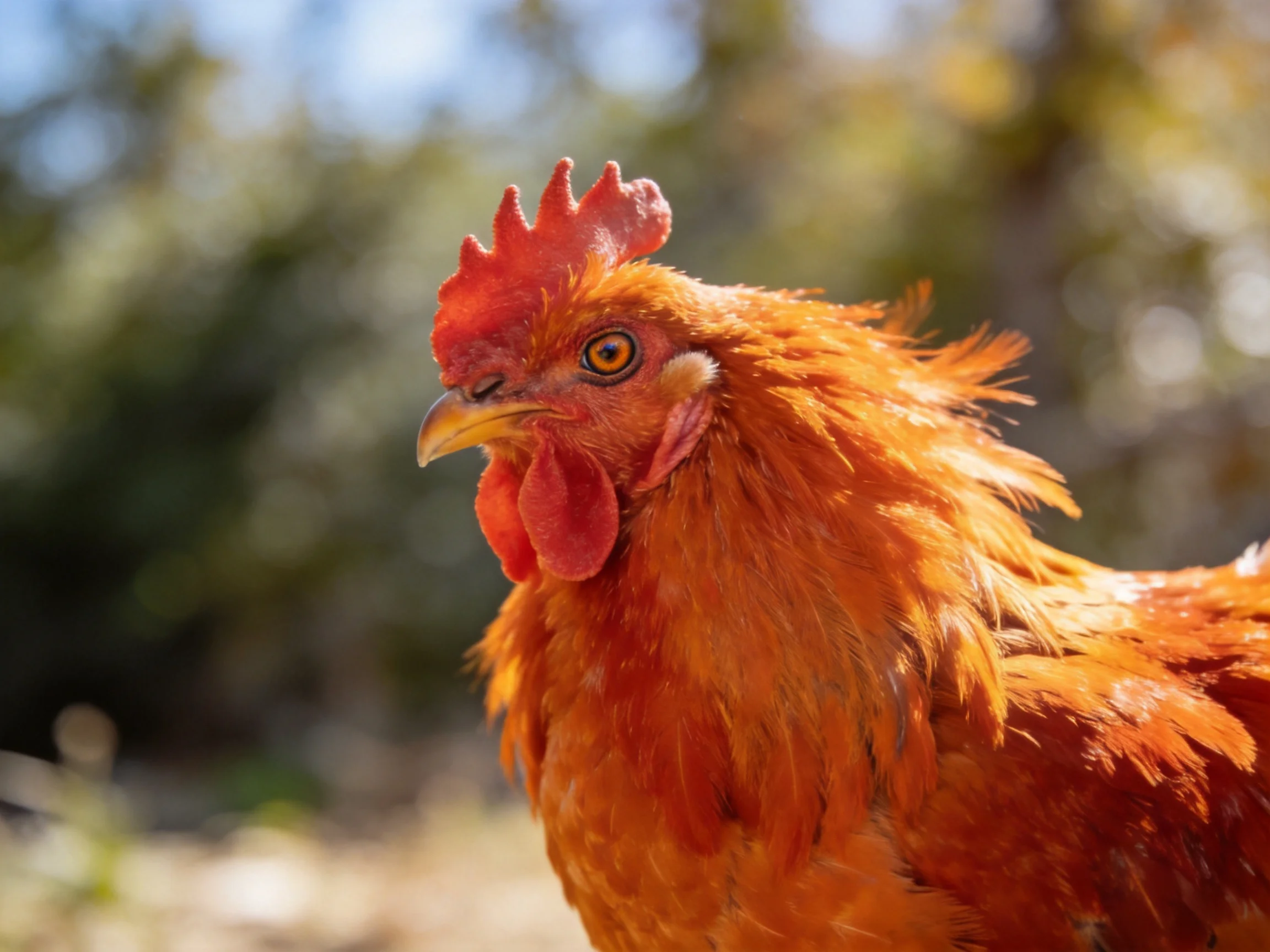 A vibrant reddish-brown rooster with prominent red comb outdoors