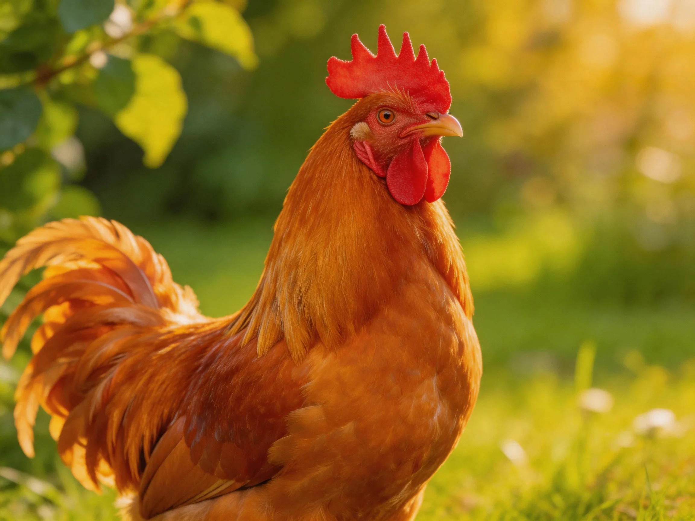 A reddish-brown rooster stands amidst lush greenery under warm sunlight.