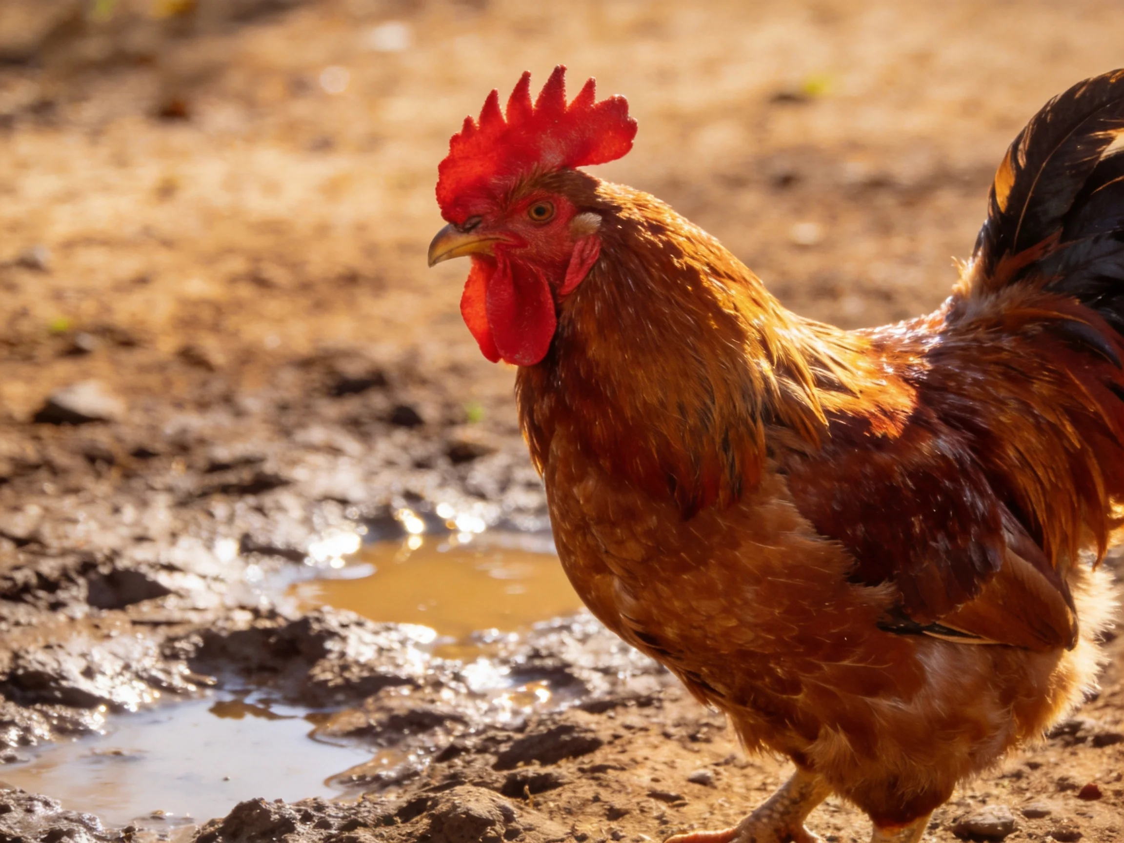 A vibrant reddish-brown rooster with red comb near muddy ground