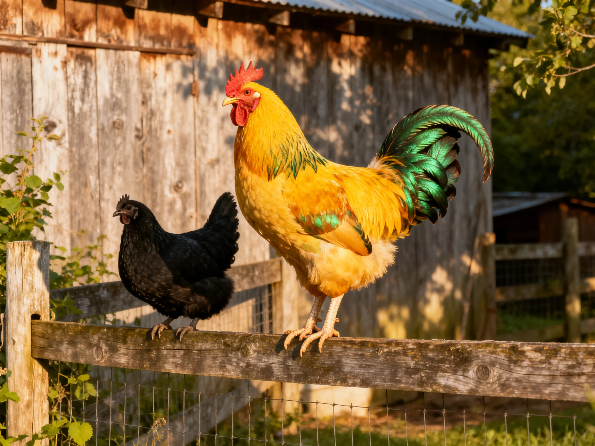 A colorful rooster and black hen stand on a wooden fence near an old barn.