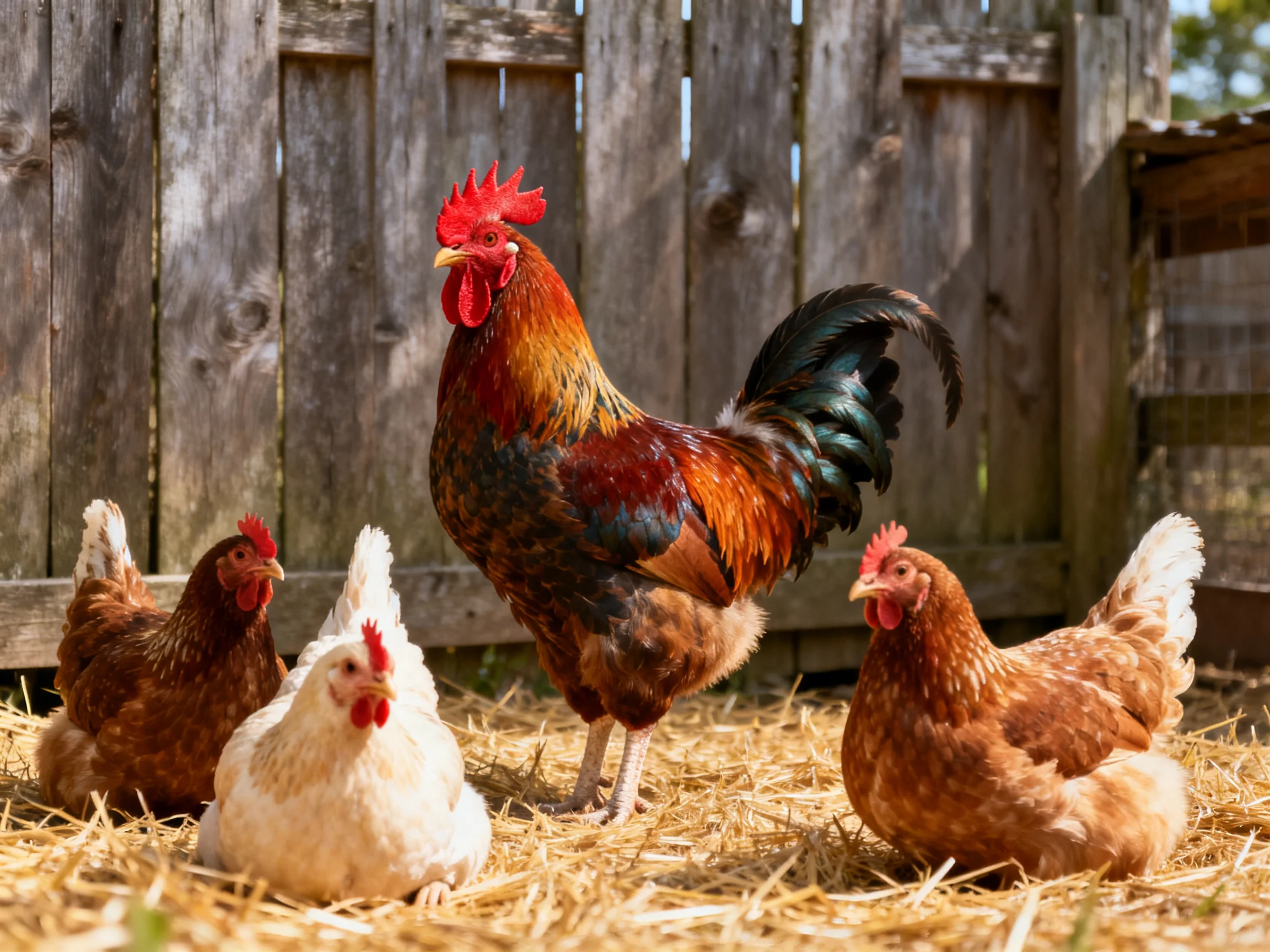 A vibrant rooster and four chickens rest on straw beside an aged wooden fence