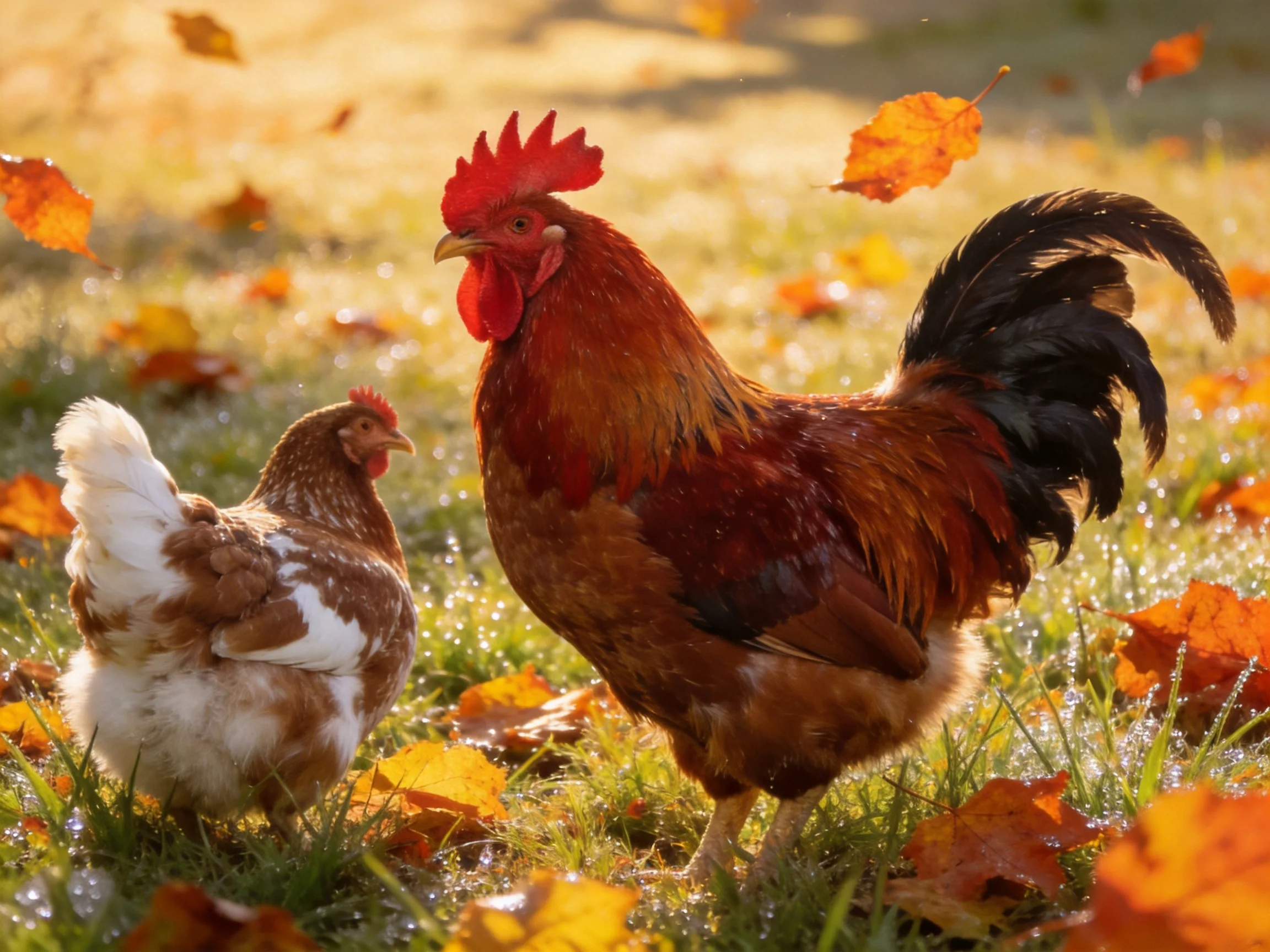 A rooster and hen stand among autumn leaves on dewy grass in a sunlit scene.