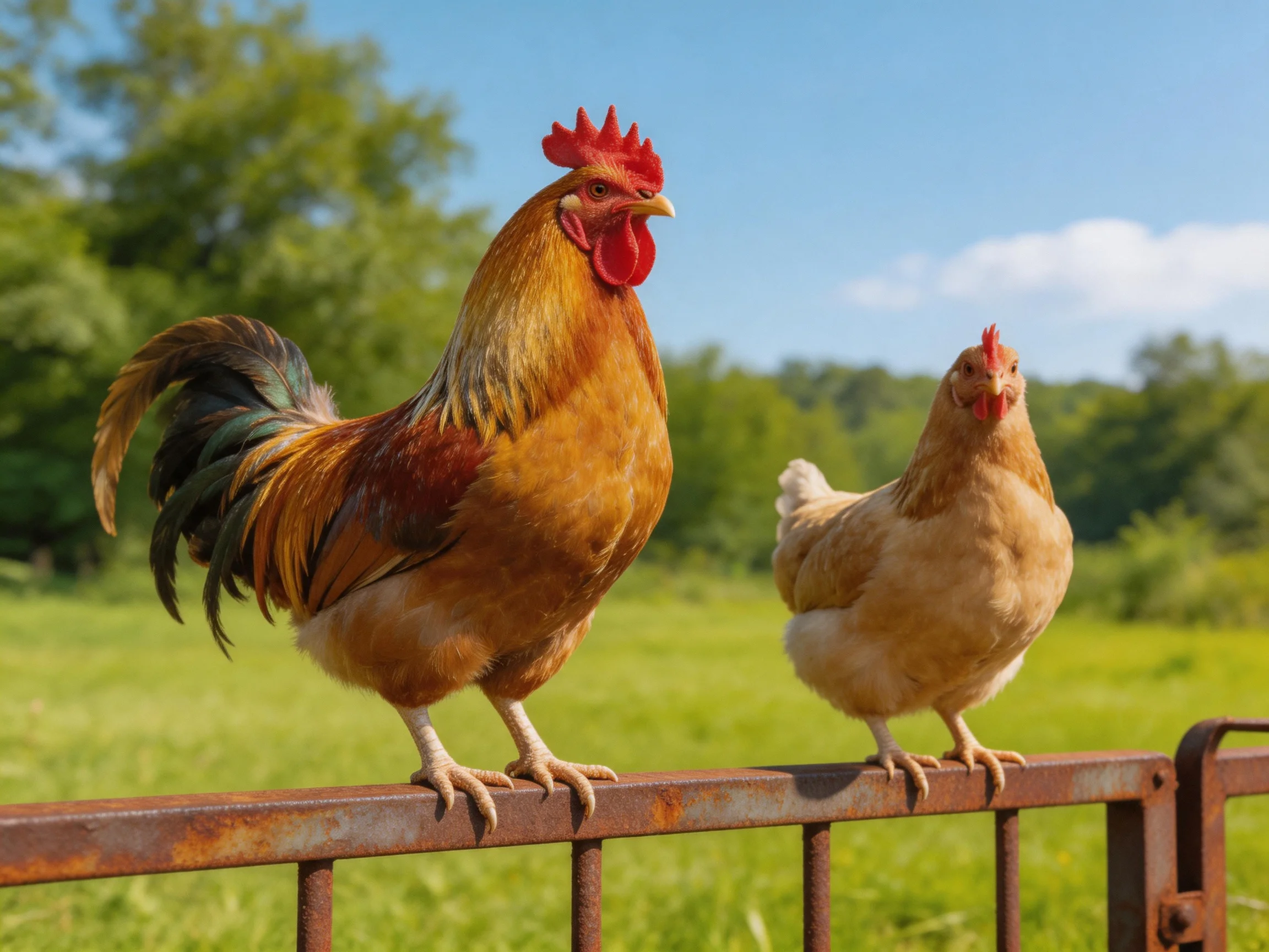 A vibrant rooster and hen perch on a rusted fence amid lush greenery