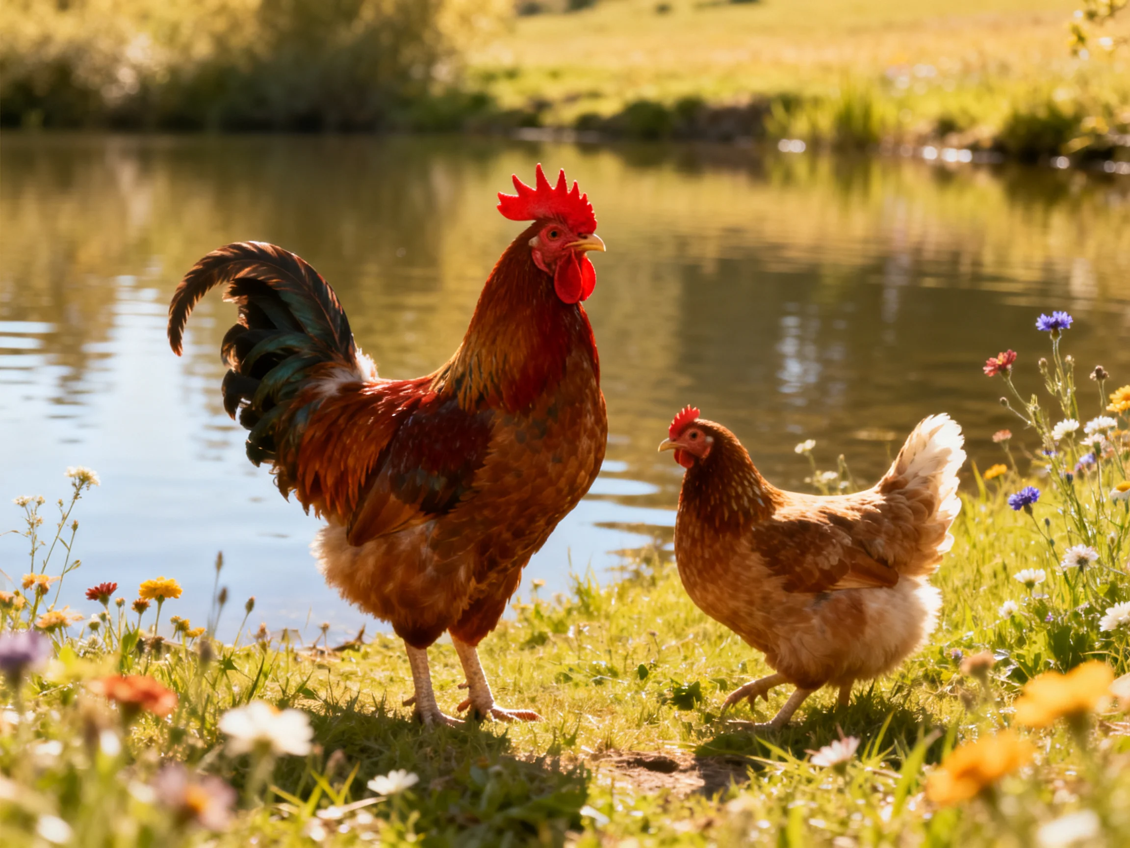 A vibrant rooster and hen stand by a calm pond amid colorful wildflowers