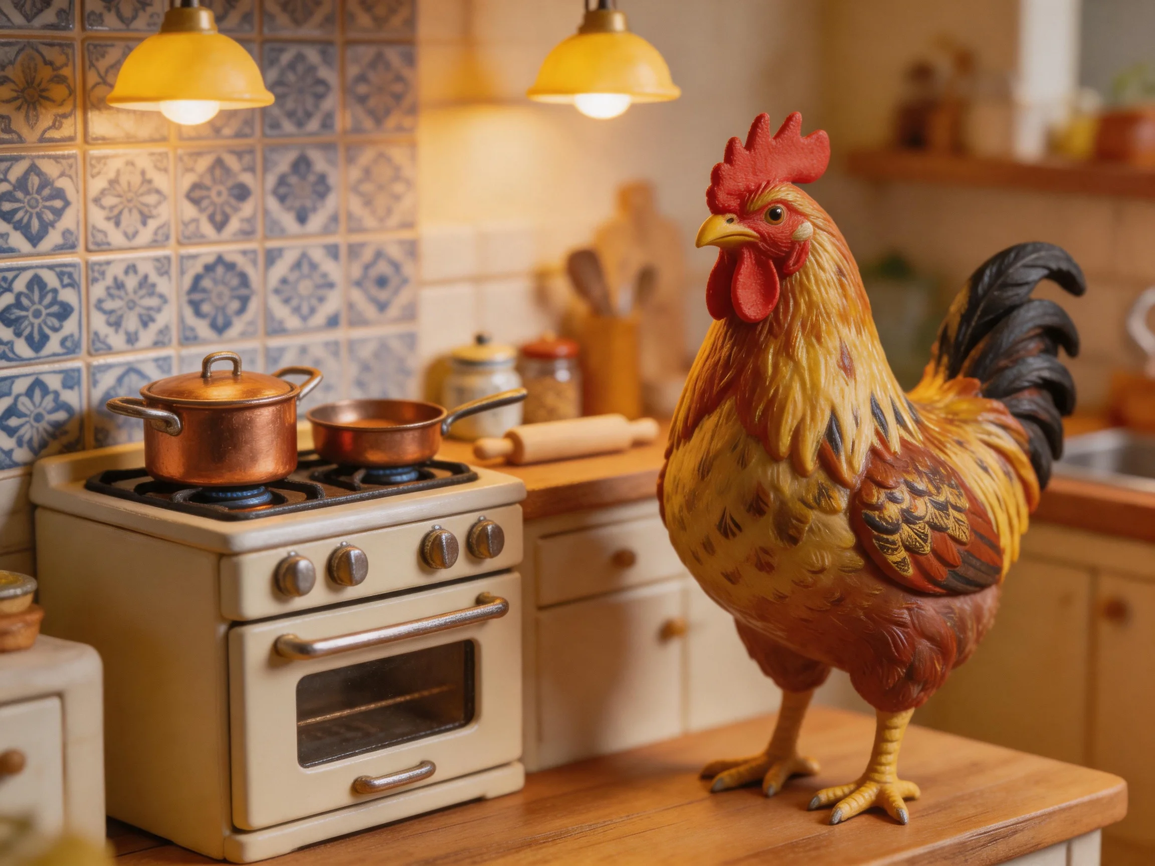 A vibrant rooster figurine beside a cream-colored stove in a warmly lit kitchen