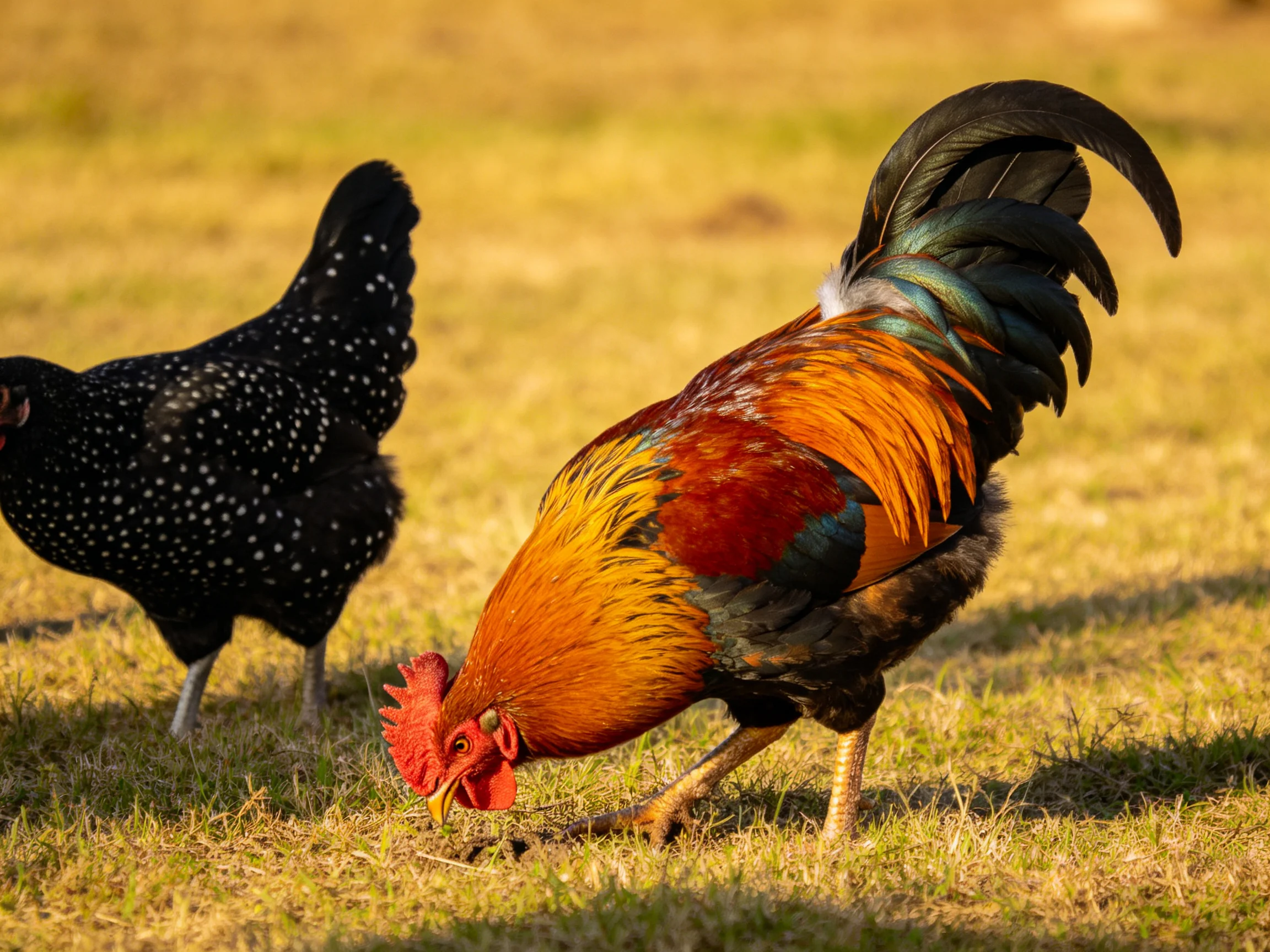 A vibrant rooster forages beside a spotted black hen in a sunlit meadow