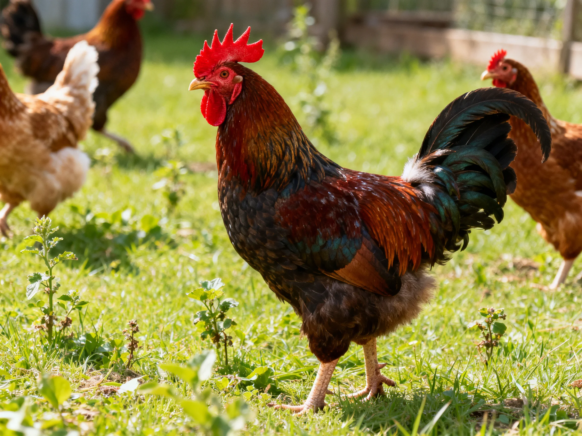 A vibrant rooster leads a group of chickens in a sunlit grassy field