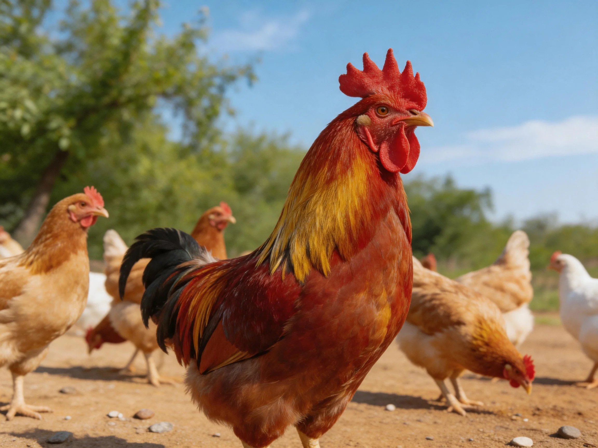A vibrant rooster leads a group of chickens in a sunny rural setting