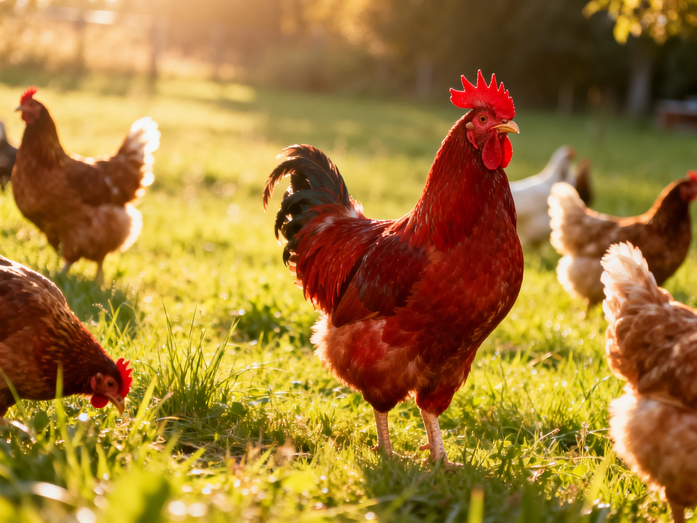 A vibrant rooster leads a group of hens in a sunlit pasture