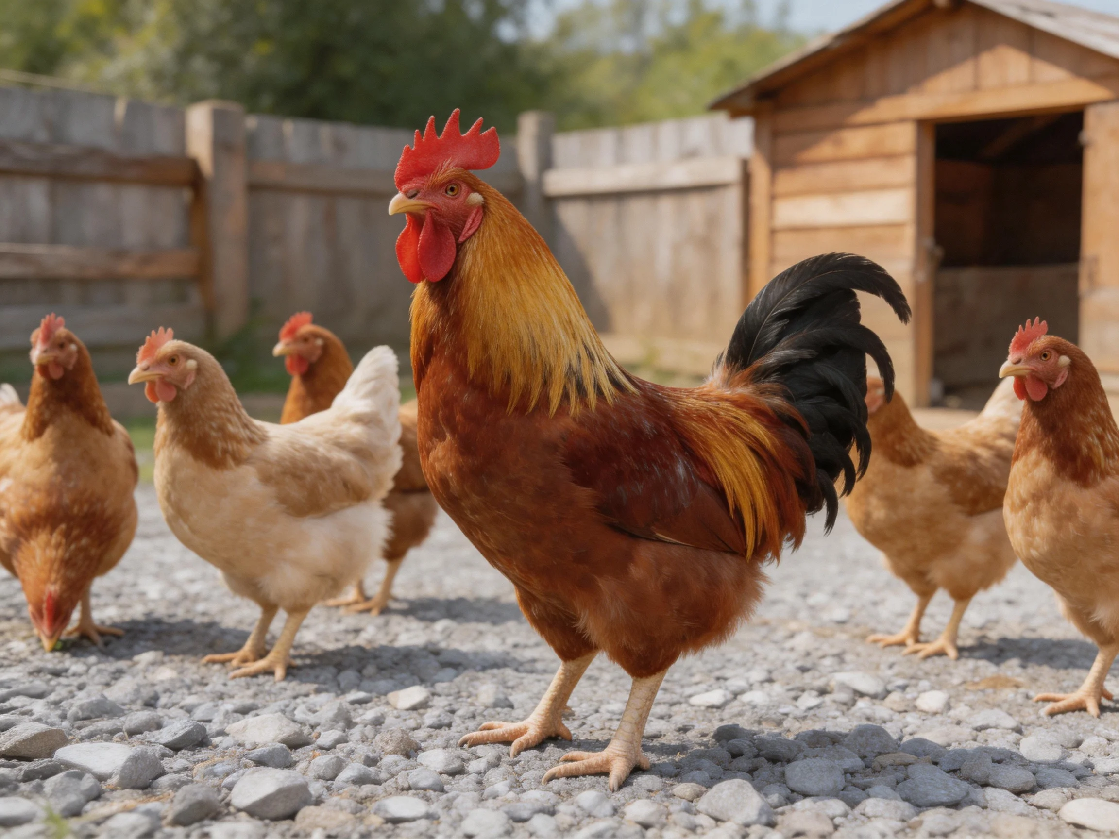 A vibrant rooster leads six chickens near a wooden coop