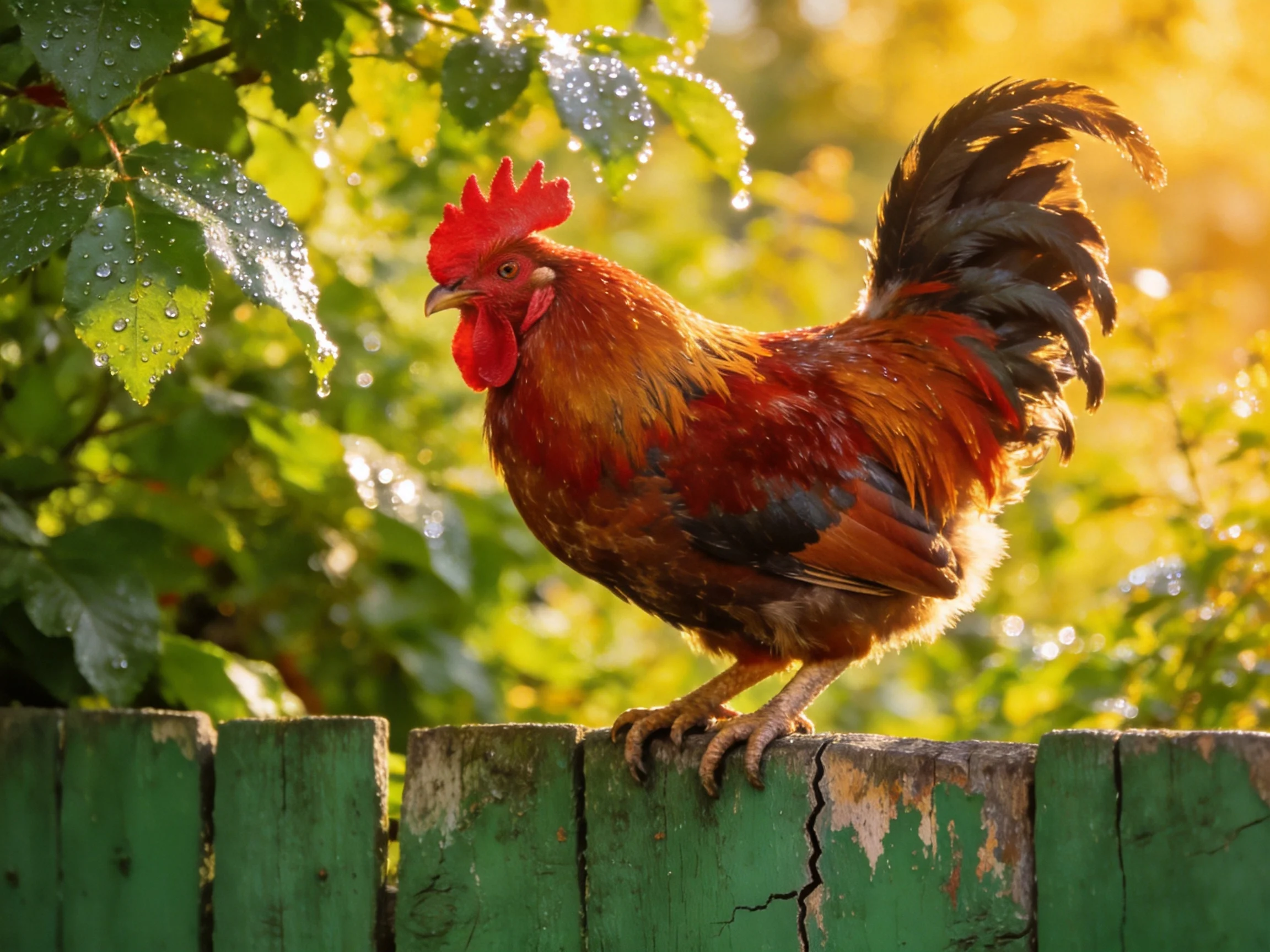 A vibrant rooster perched on an aged green fence amid dewy foliage