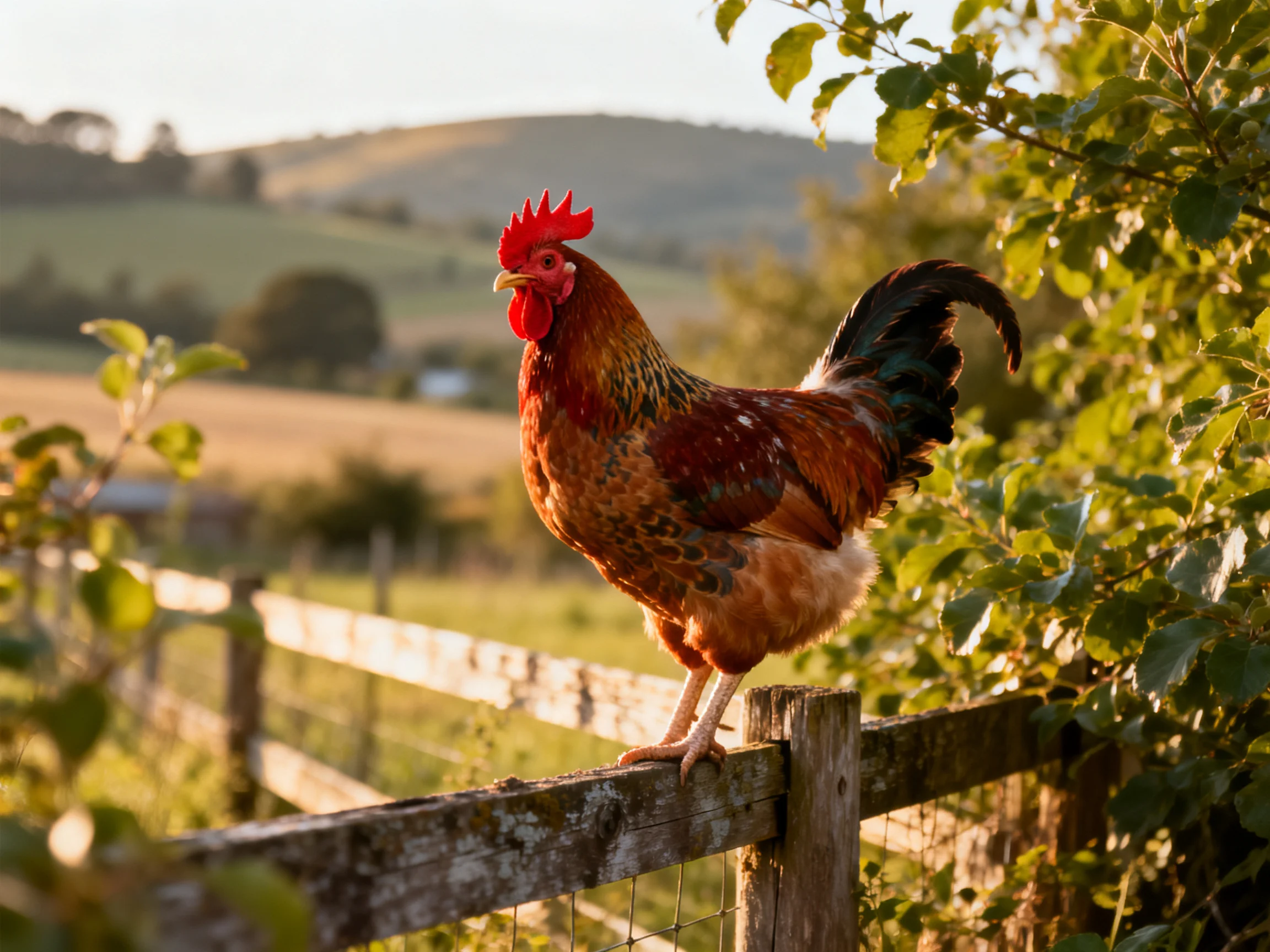 A vibrant rooster perched on an aged wooden fence in golden countryside
