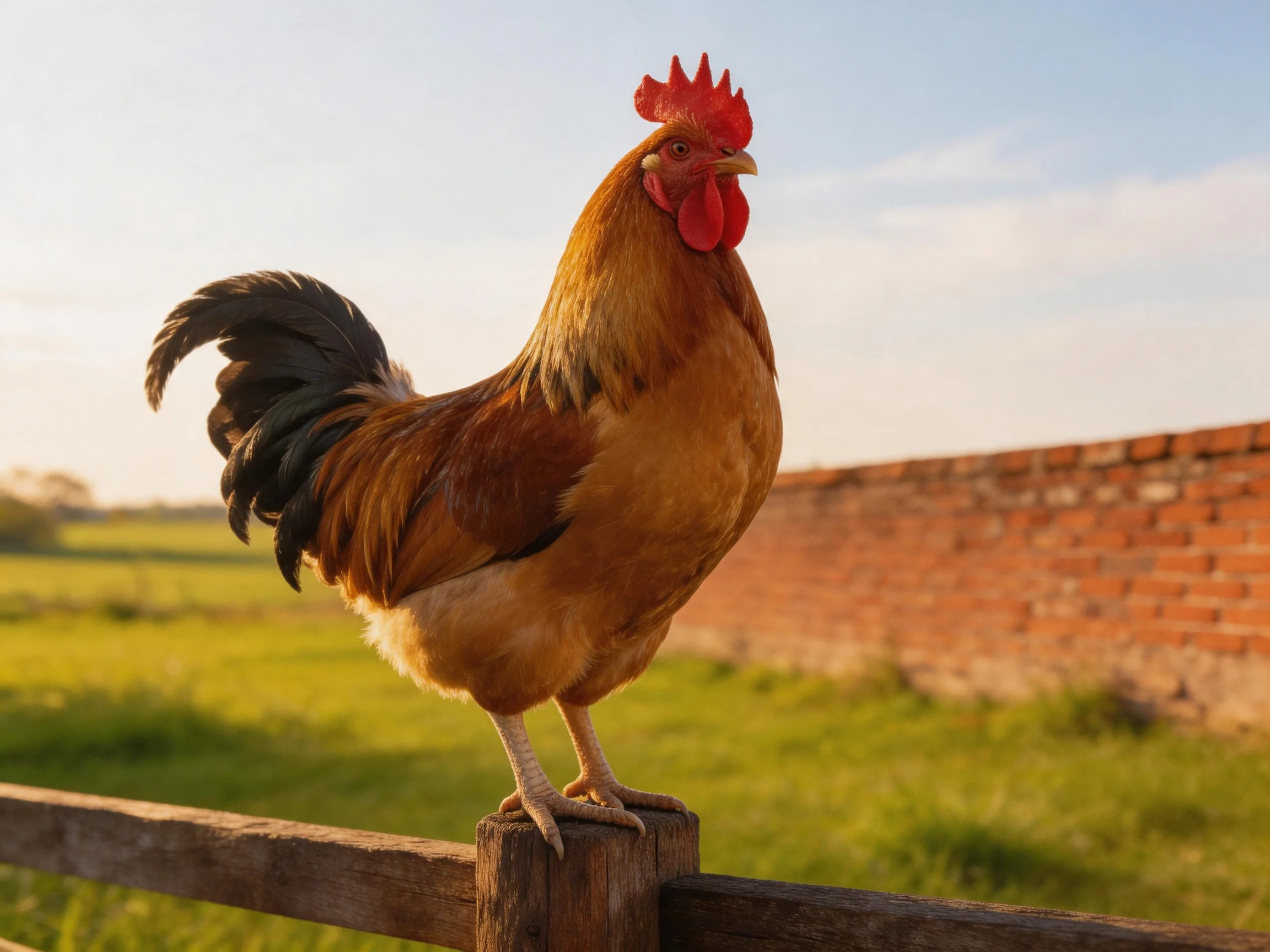 A vibrant rooster perches atop a wooden fence near a weathered brick wall