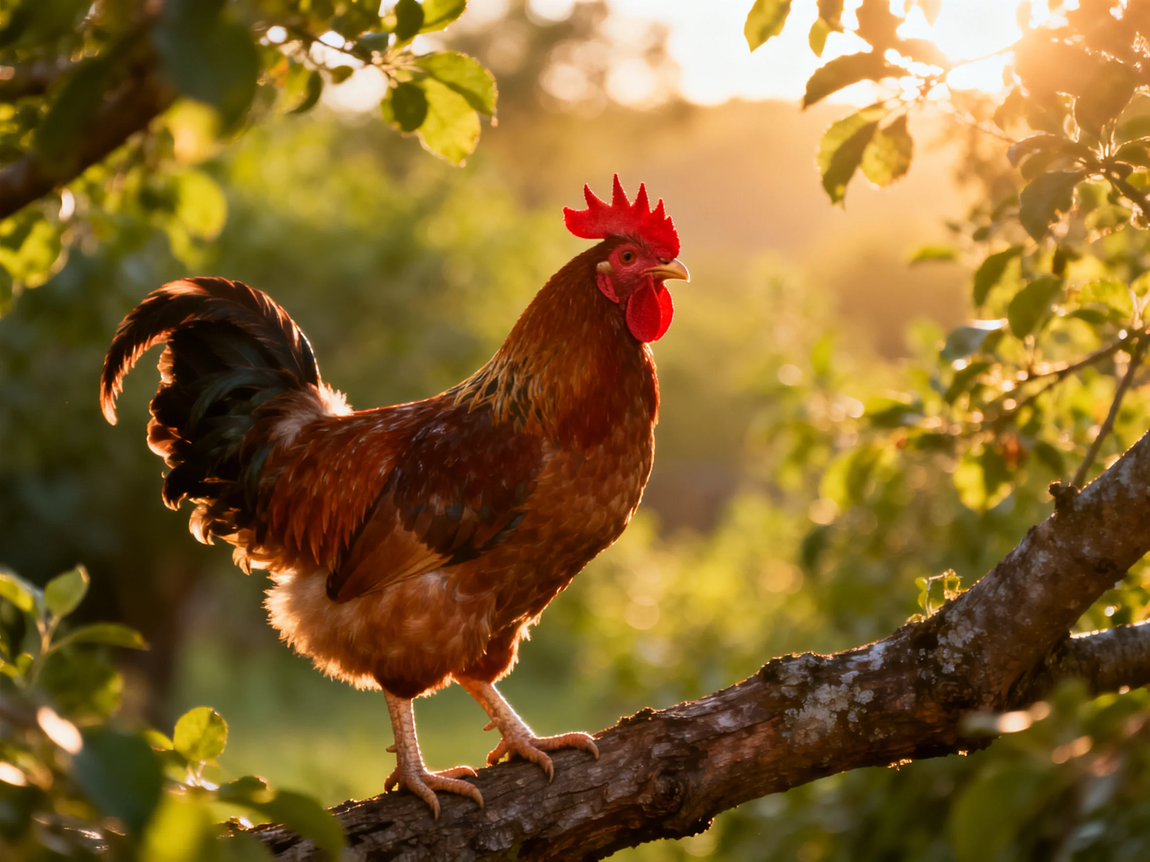 A vibrant rooster perches on a tree branch bathed in golden sunlight among lush green foliage