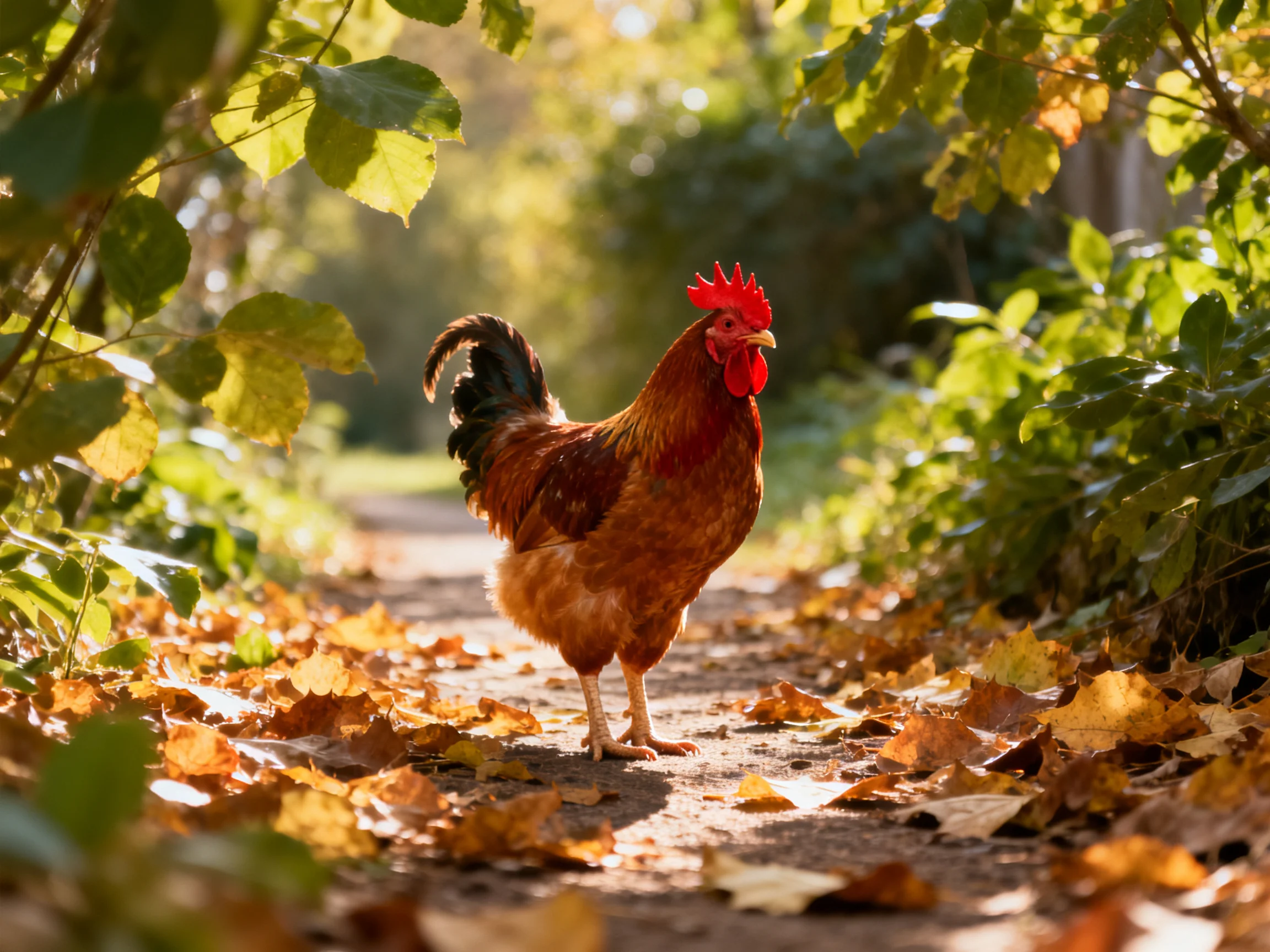 A vibrant rooster stands amid fallen autumn leaves on a sunlit path