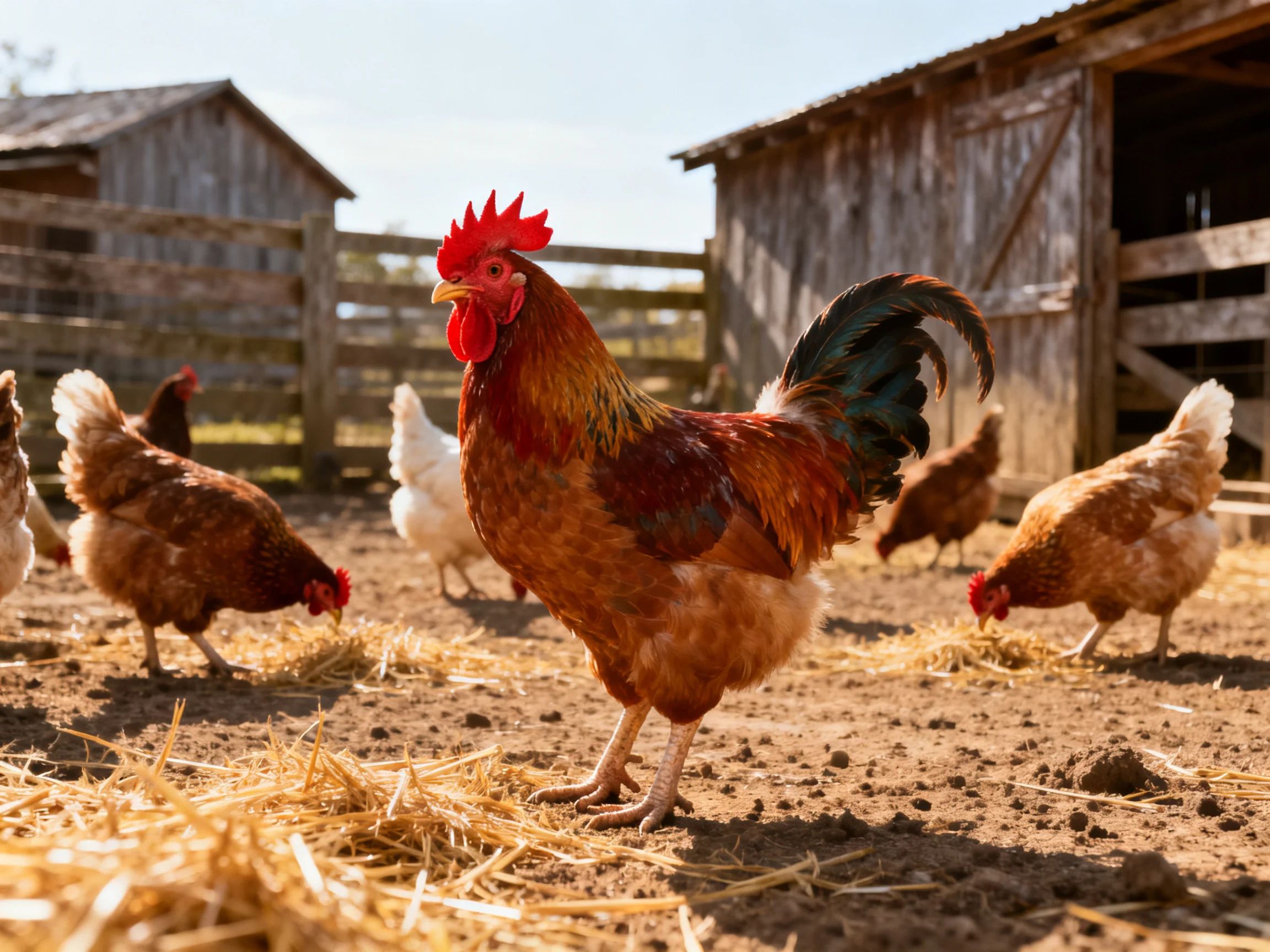 A vibrant rooster stands among brown and white hens near rustic wooden barns
