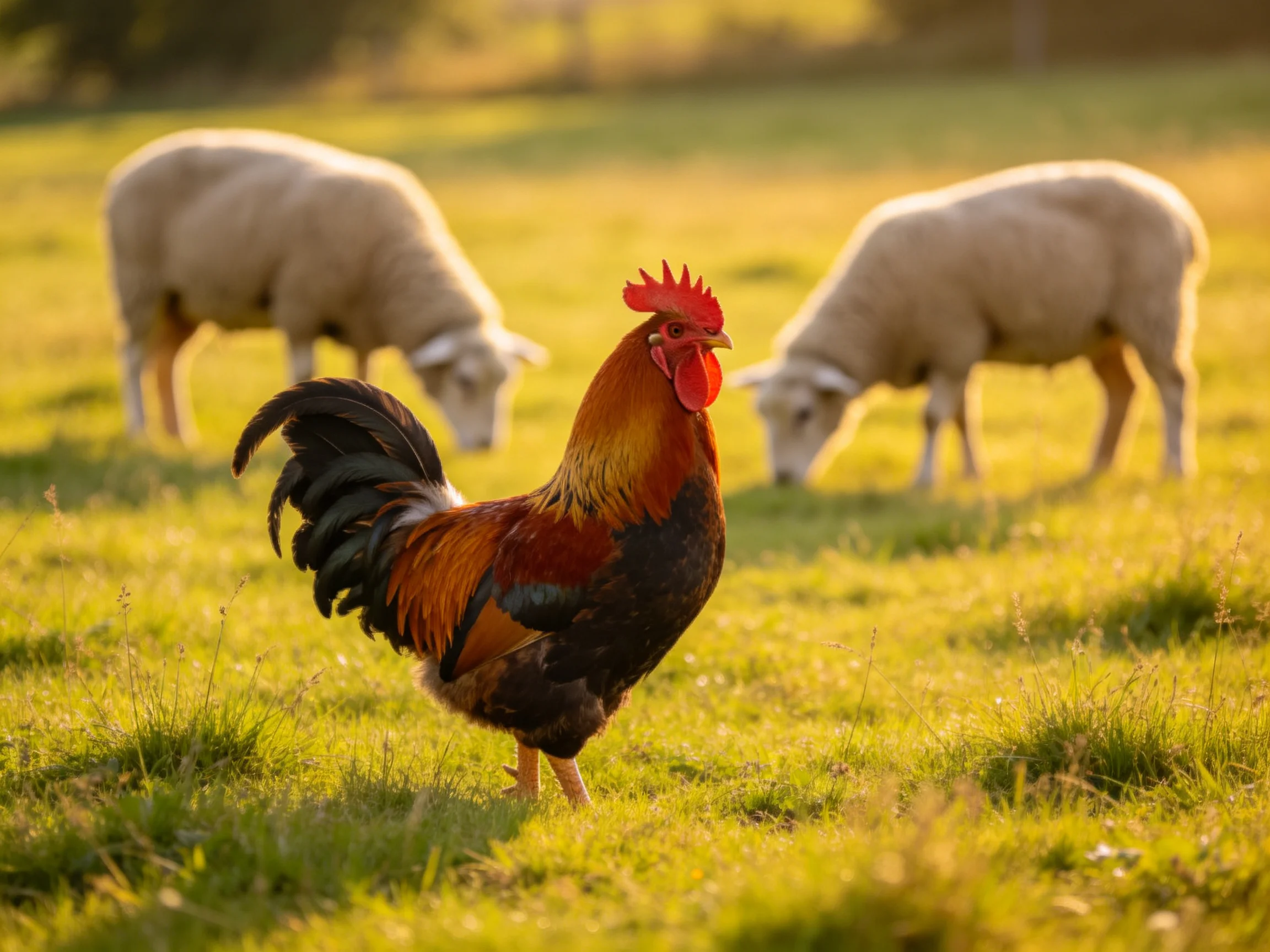 A rooster stands near two grazing sheep in a sunlit pasture.