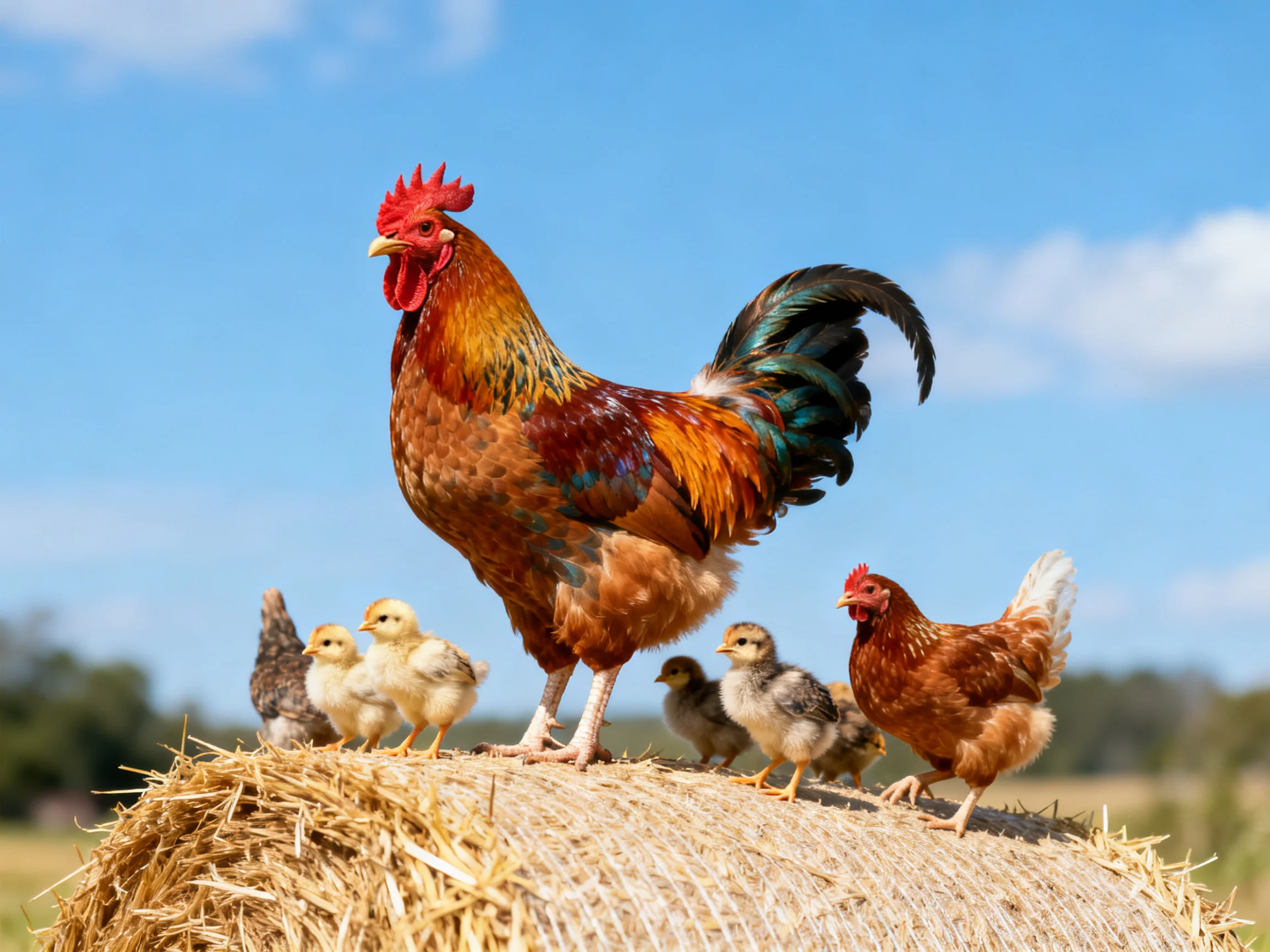 A vibrant rooster stands atop a hay bale with chickens and chicks