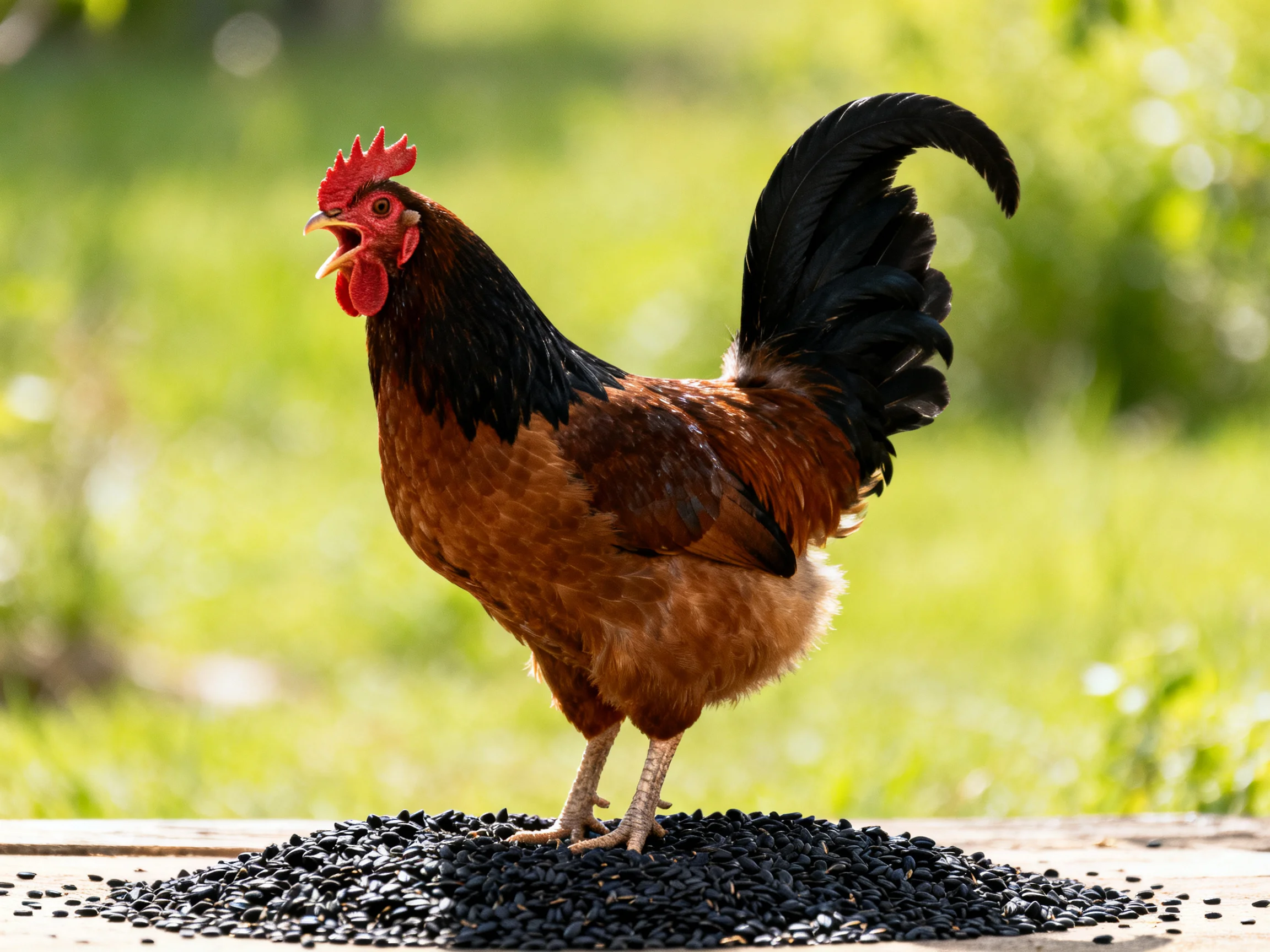 A rooster stands on a seed mound amid a sunlit green outdoor area.