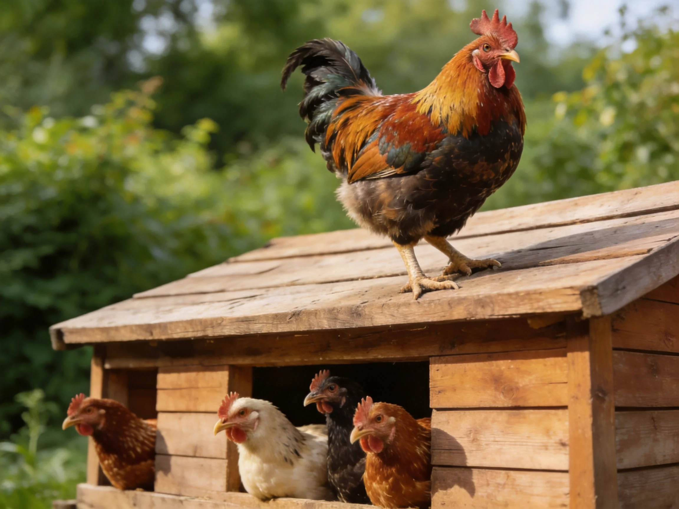 A vibrant rooster stands atop a wooden chicken coop with hens