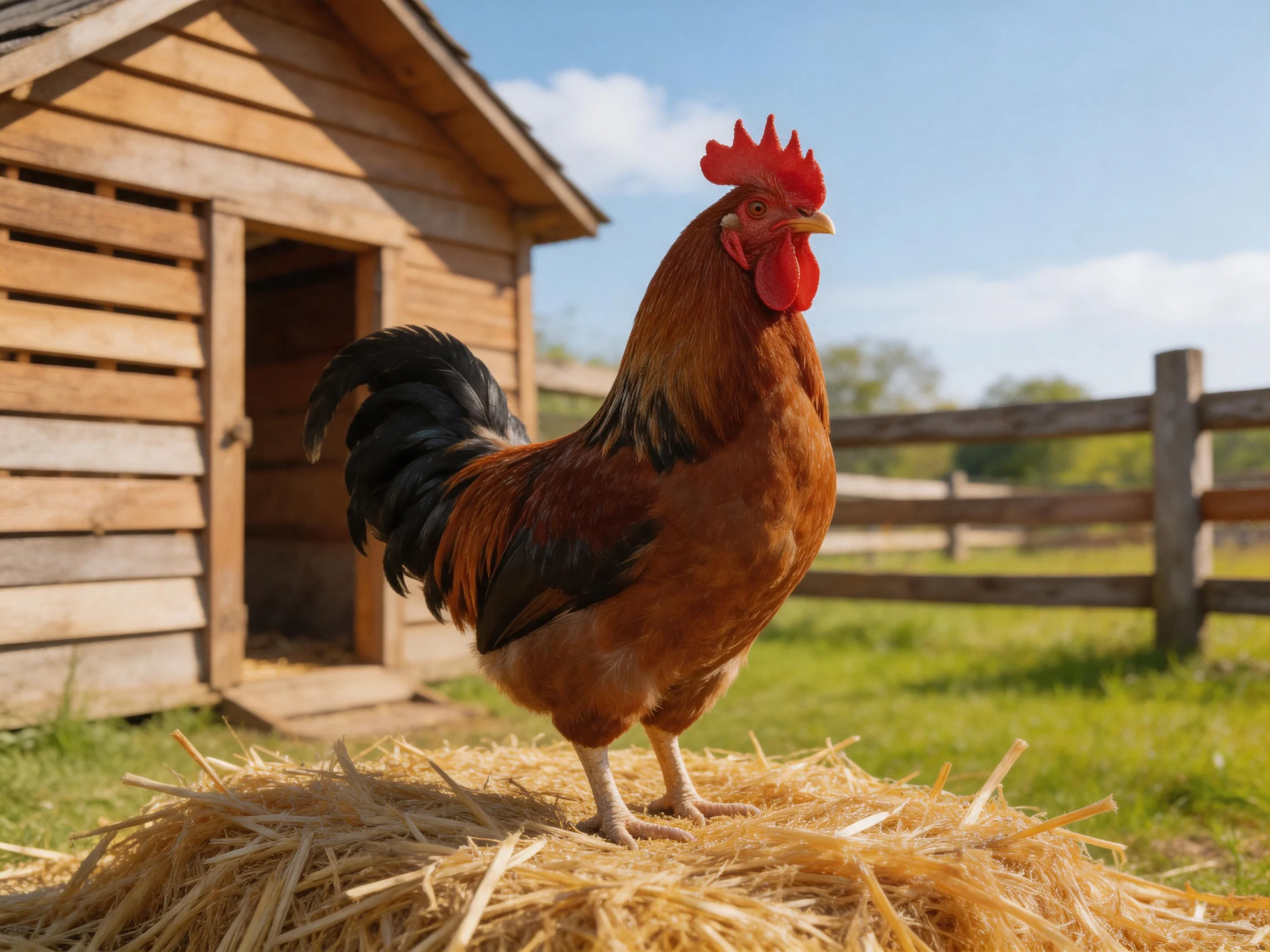 A vibrant rooster stands atop golden straw near a wooden chicken coop