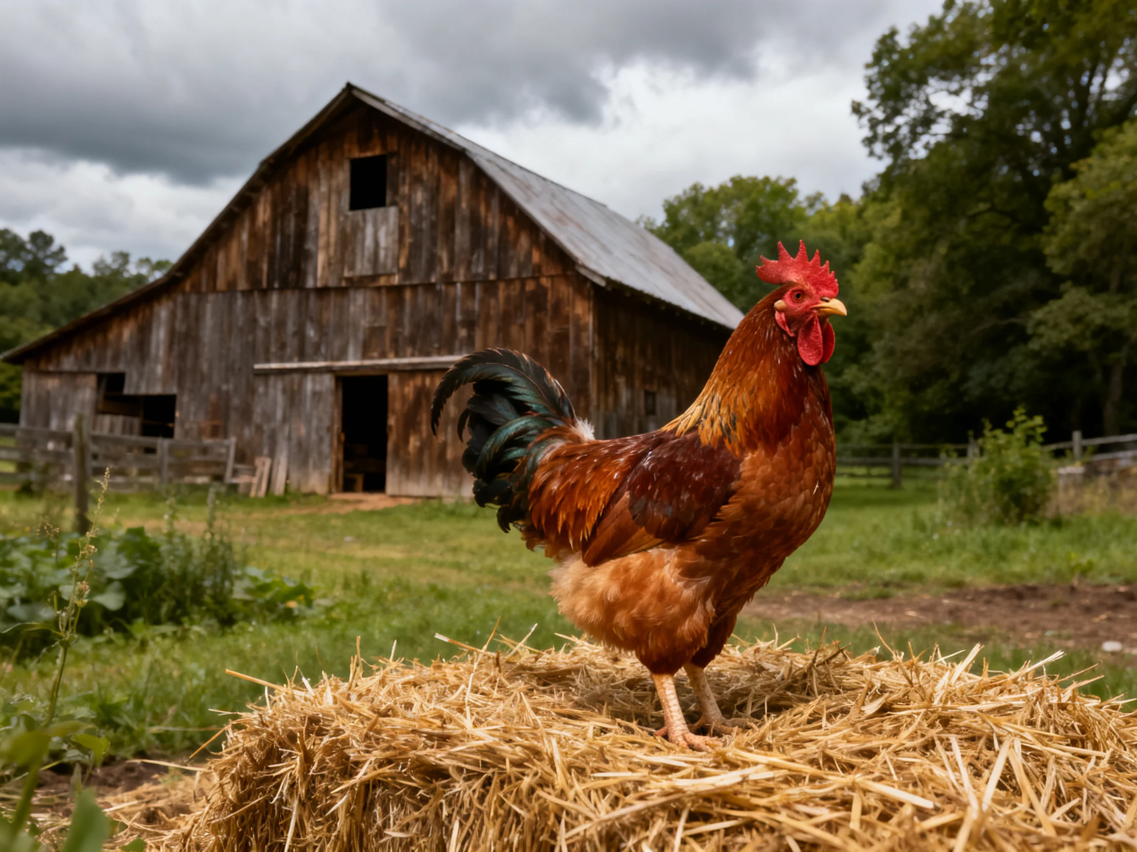 A rooster perches on straw in front of an old, weathered wooden barn.