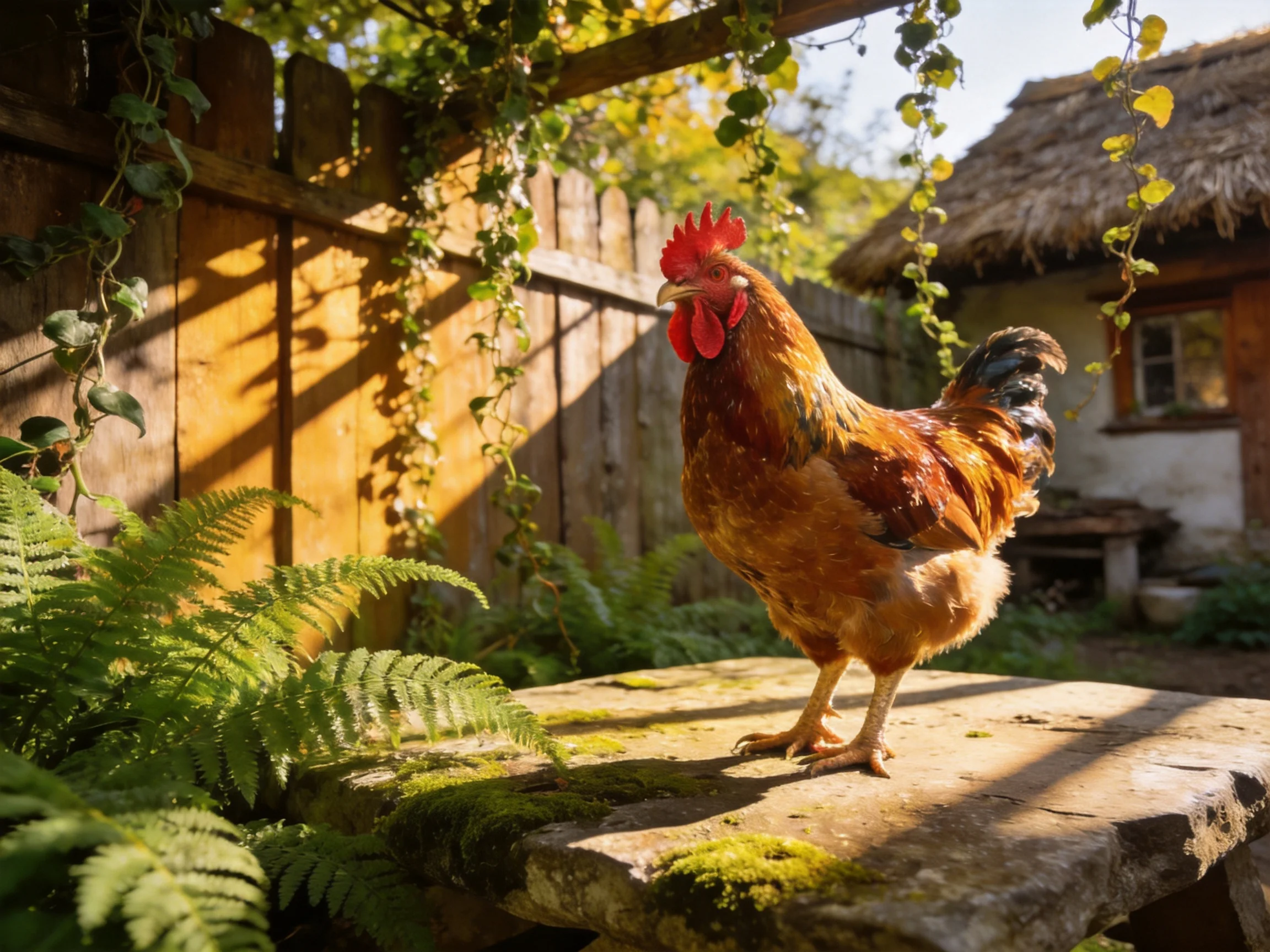A vibrant rooster stands on a moss-covered stone table beside a wooden fence