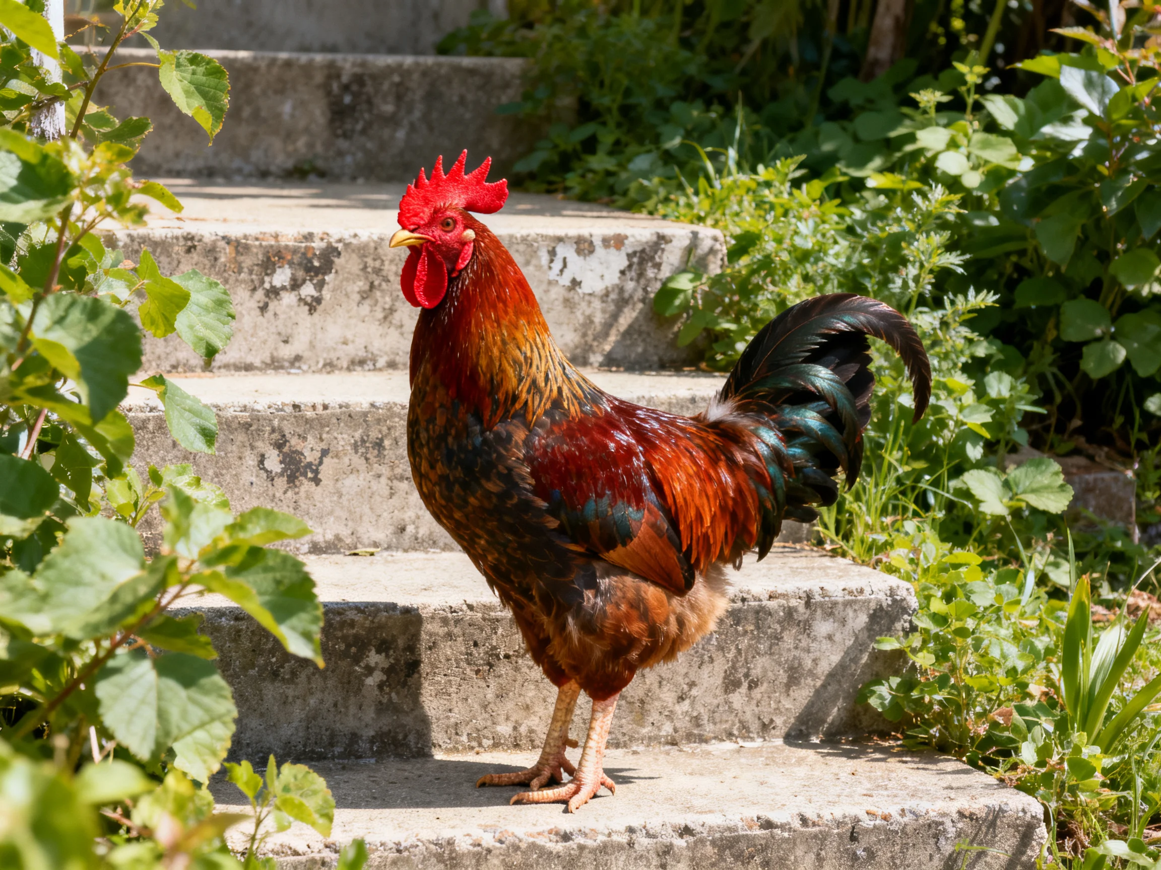 A vibrant rooster stands on weathered concrete steps amid lush greenery