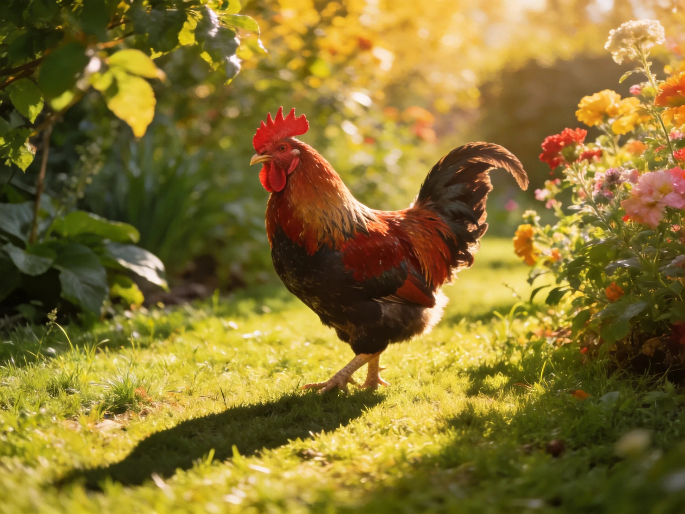 A vibrant rooster struts through a sunlit garden with colorful blooms