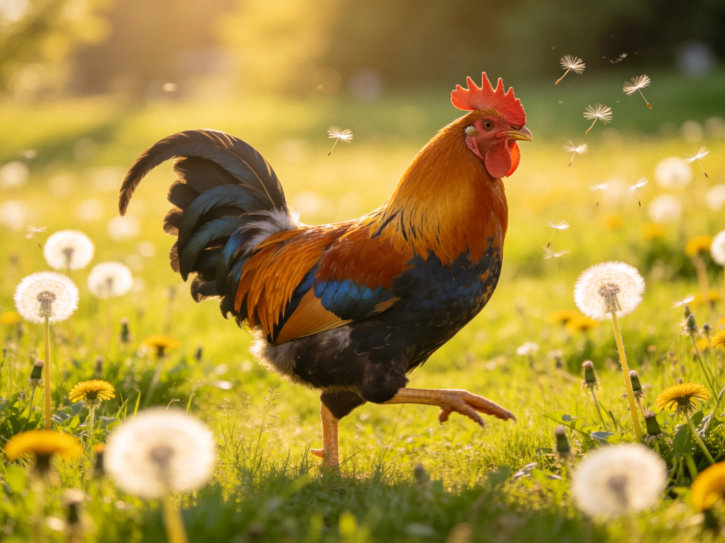 A rooster walks through a sunlit meadow filled with dandelions.